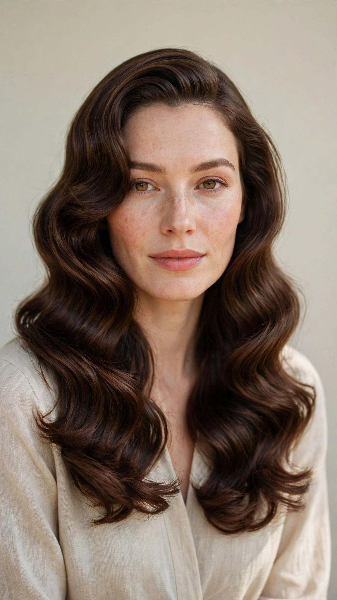 Retro Wave Hairstyles For Ss27 With Old Hollywood Soft Waves With Smooth Glossy Lengths, Feathered Ends And Rich Chocolate Depth