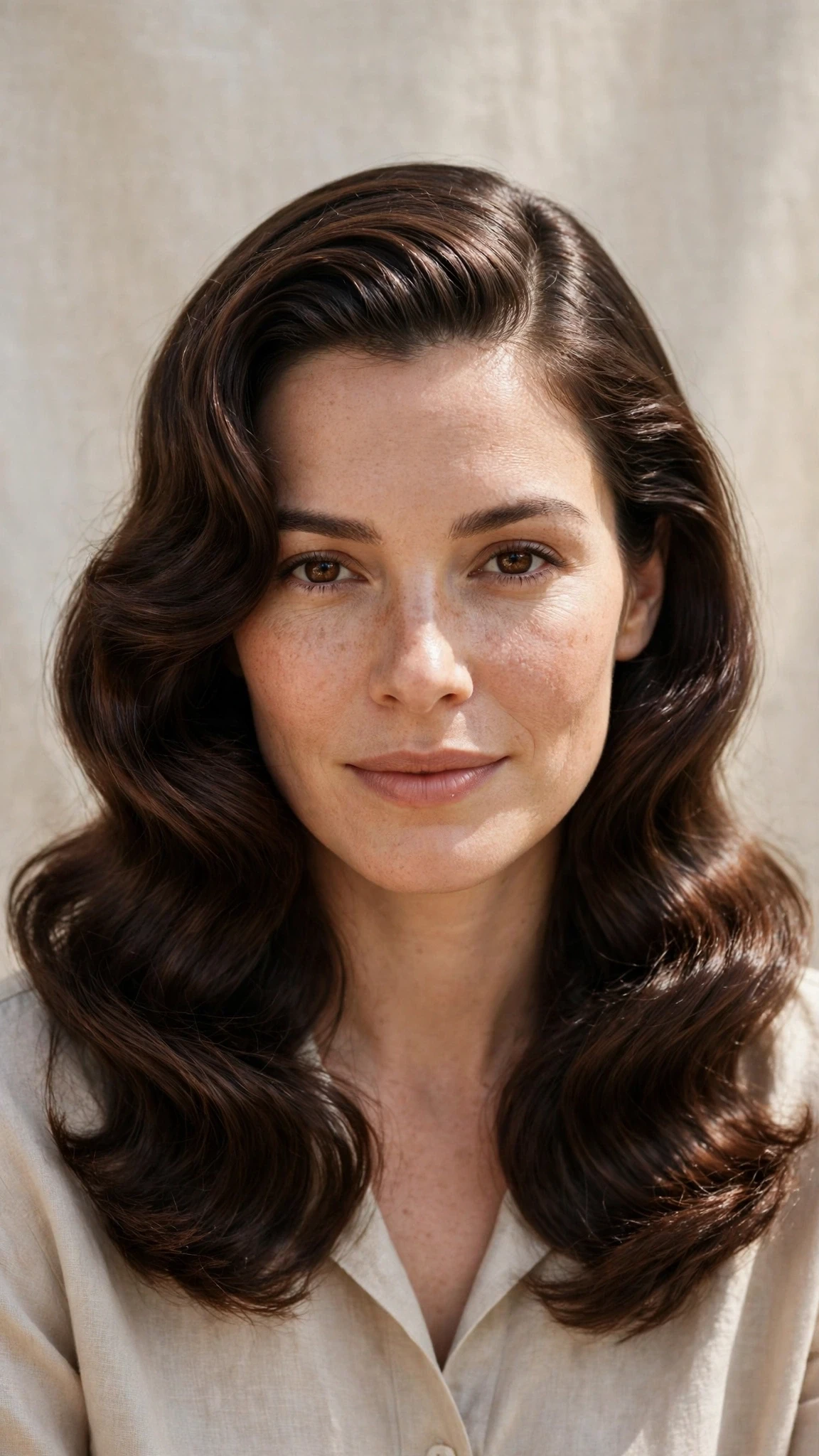 Retro Wave Hairstyles For Ss27 With Old Hollywood Soft Waves With Smooth Glossy Lengths, A Deep Side Part And Natural Brunette Depth