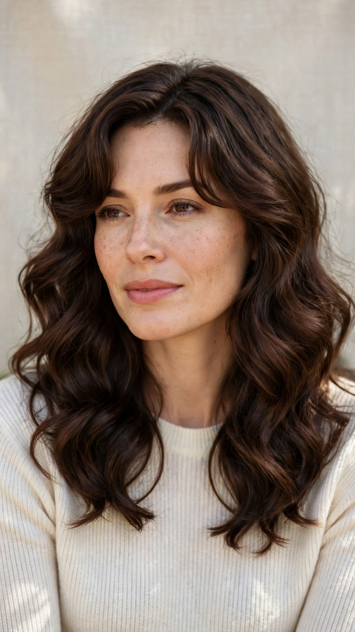 Retro Wave Hairstyles For Ss27 With Old Hollywood Soft Waves With A Relaxed Lived-In Wave, Curtain Pieces And Rich Chocolate Depth
