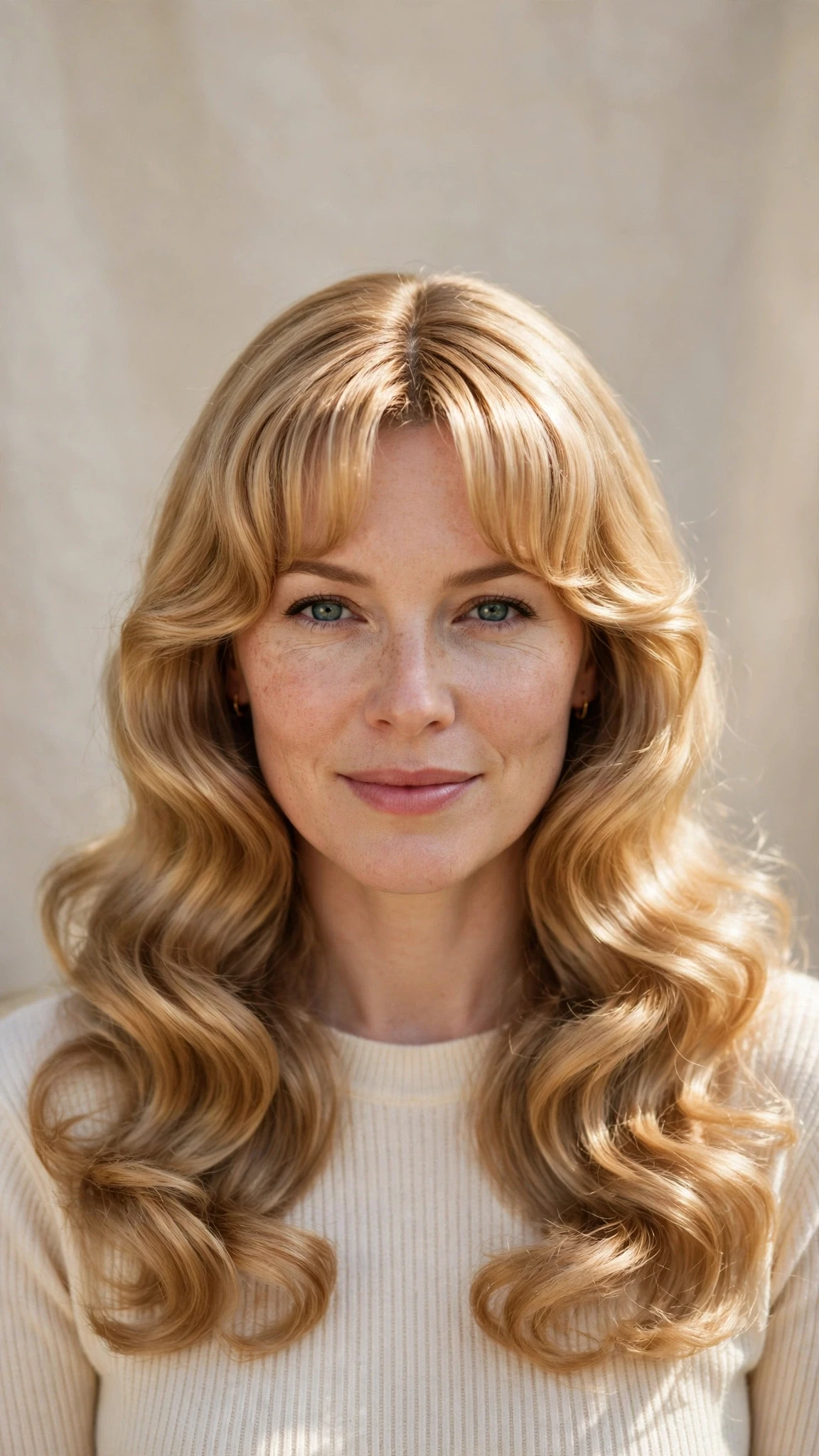 Retro Waves Hairstyles For Long Hair With Loose Glamorous Curls With A Polished Blowout, Curtain Pieces And Honey Blonde Shine