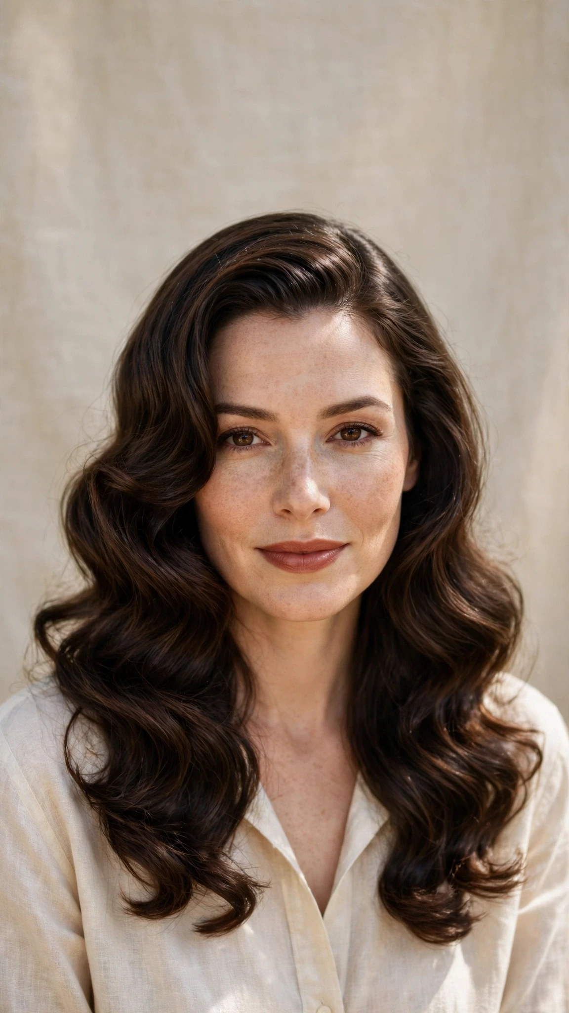 Retro Waves Hairstyles For Long Hair With Loose Glamorous Curls With Smooth Glossy Lengths, Face-Framing Layers And Natural Brunette Depth