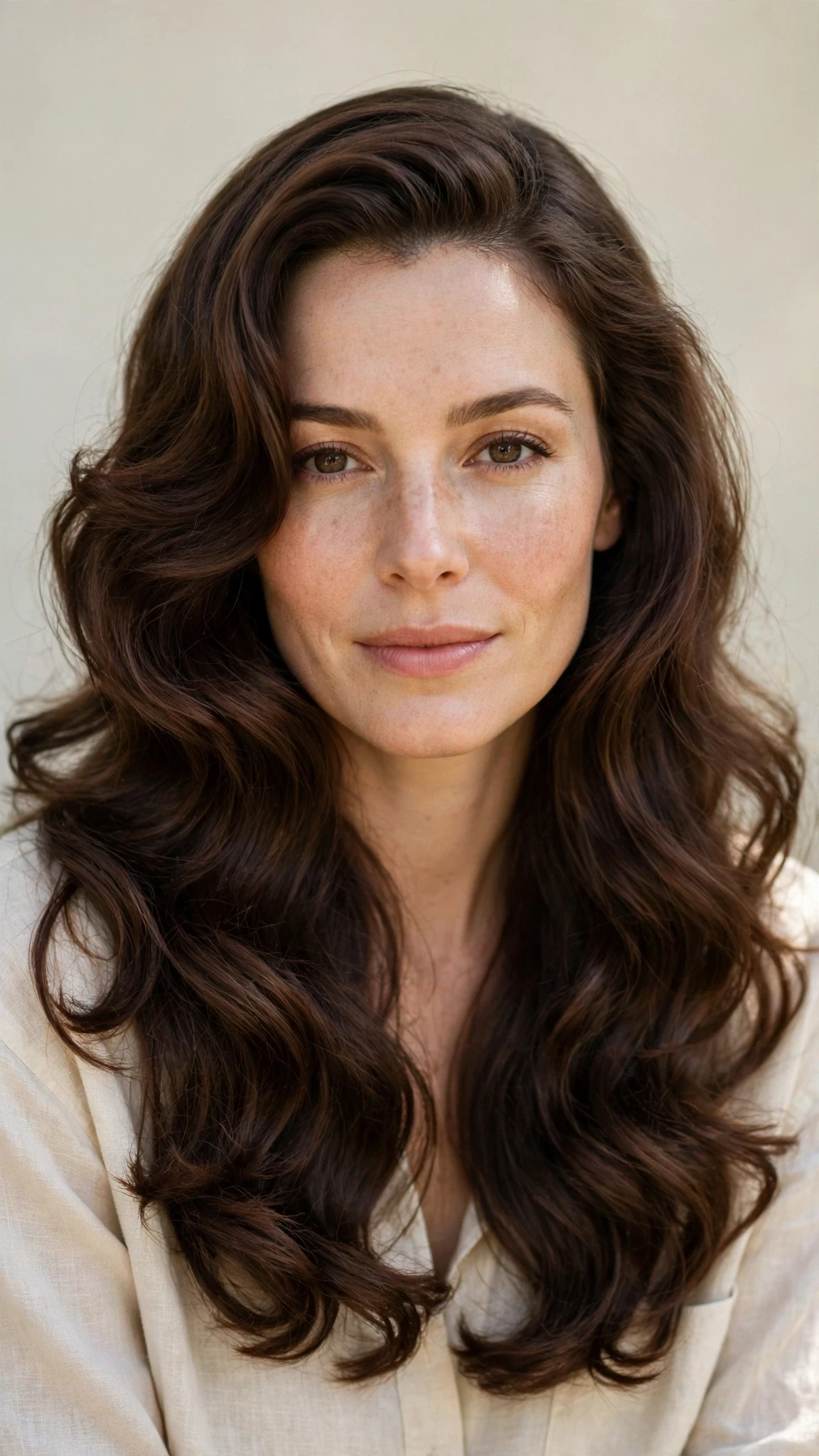 Retro Waves Hairstyles For Long Hair With Loose Glamorous Curls With A Relaxed Lived-In Wave, Blunt Ends With Soft Layers And Rich Chocolate Depth