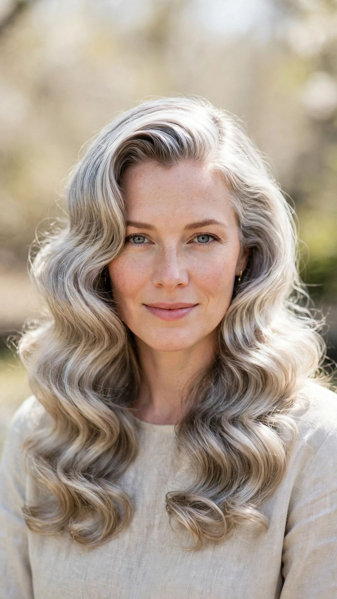 Retro Waves Hairstyles For Long Hair With Loose Glamorous Curls With Soft Waves, A Deep Side Part And Silver-Blended Brightness