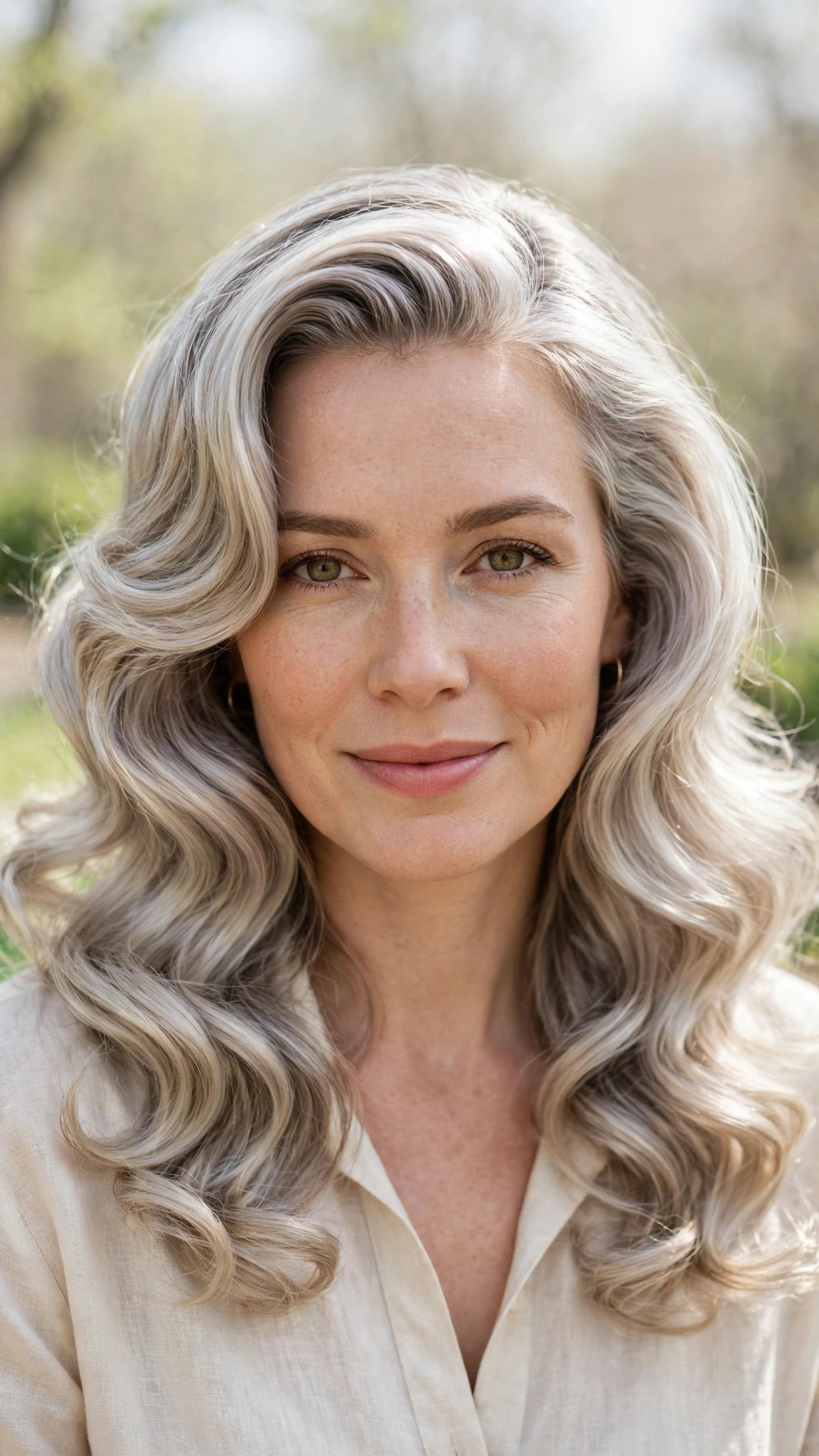 Retro Waves Hairstyles For Long Hair With Loose Glamorous Curls With A Polished Blowout, Subtle Internal Layers And Silver-Blended Brightness