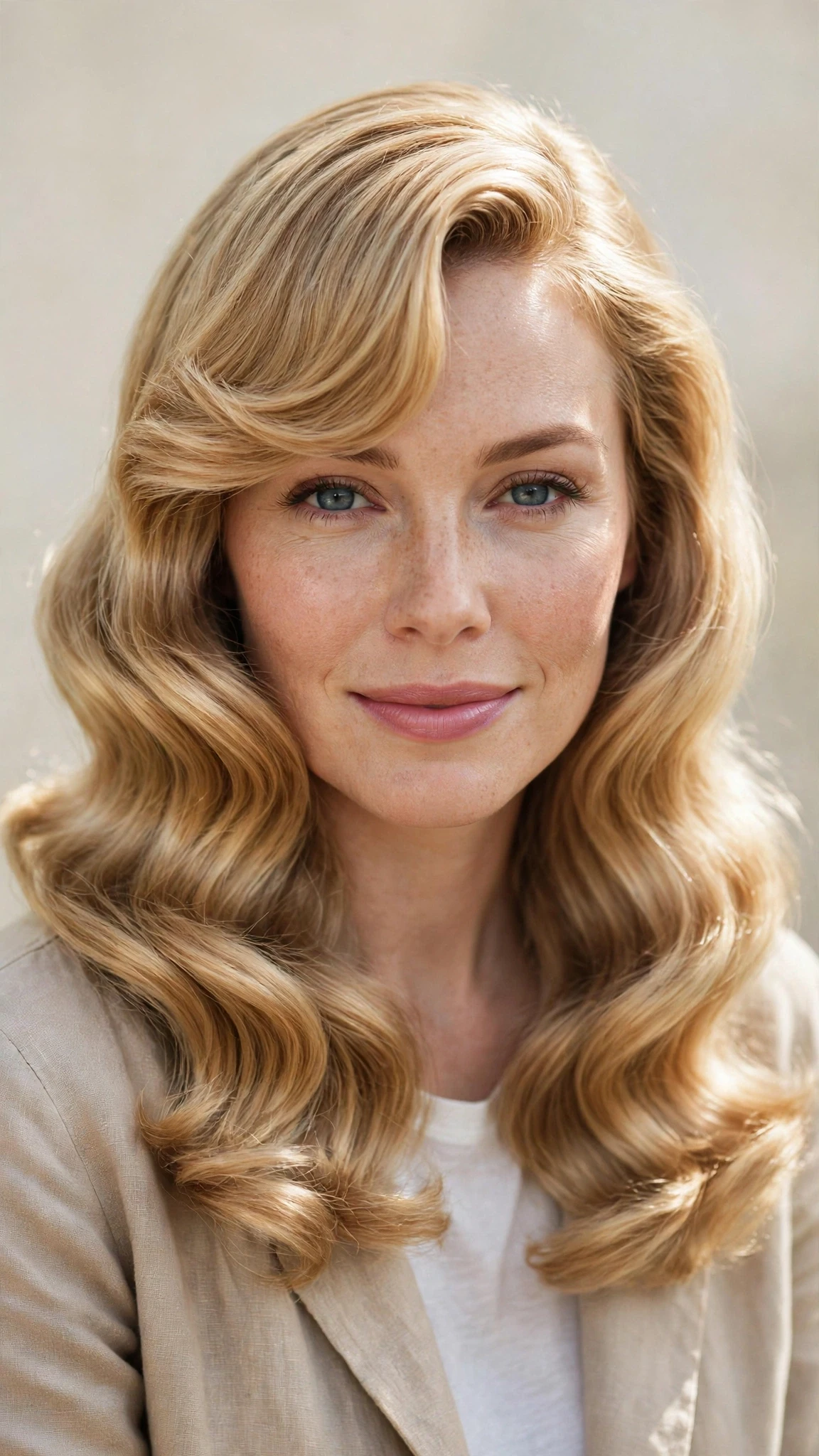 Retro Waves Hairstyles For Long Hair With Loose Glamorous Curls With Smooth Glossy Lengths, A Soft Side-Swept Fringe And Honey Blonde Shine