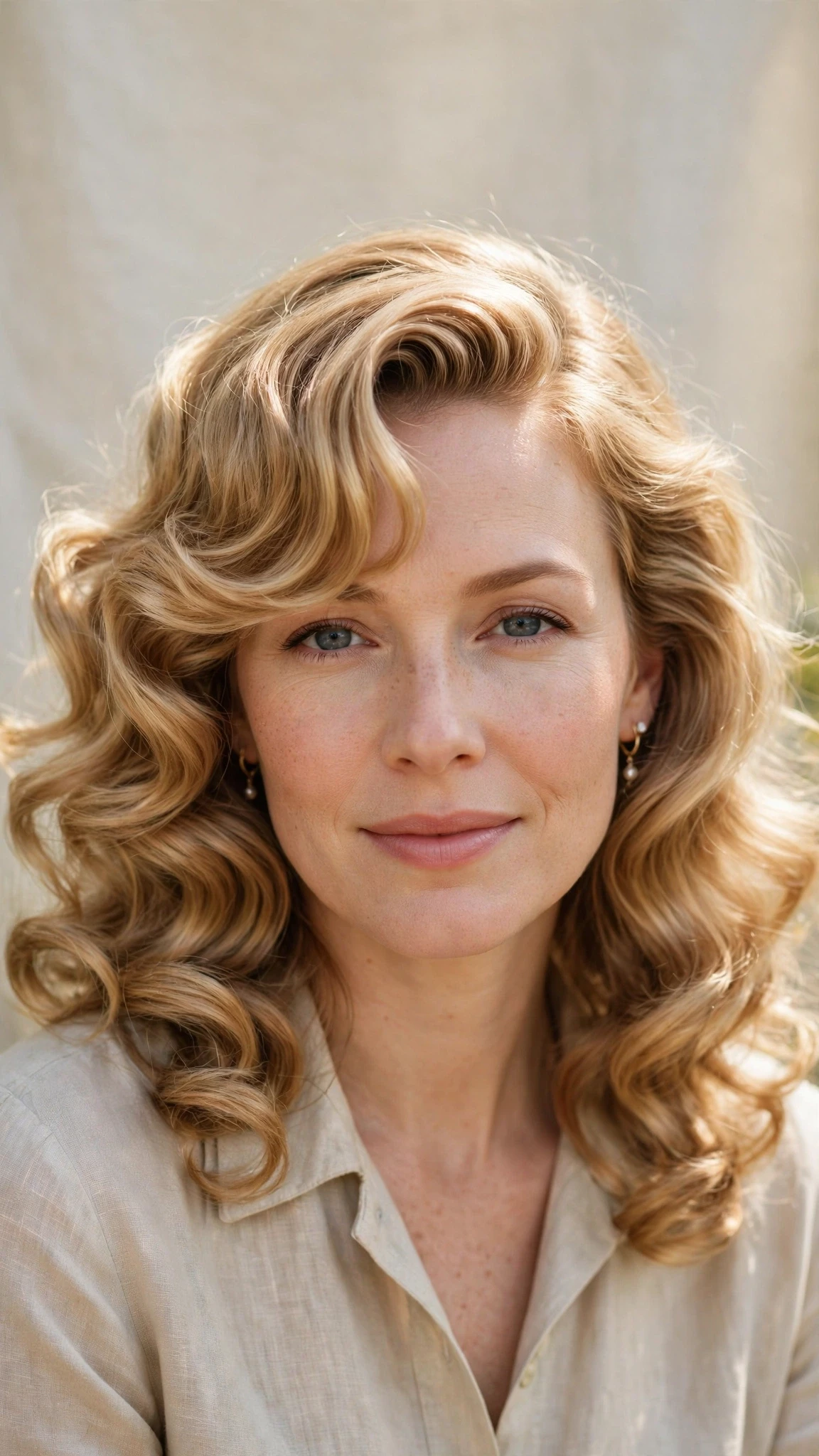 Retro Waves Hairstyles For Spring Evenings With A Deep Side Part With Loose Romantic Curls, A Soft Side-Swept Fringe And Honey Blonde Shine