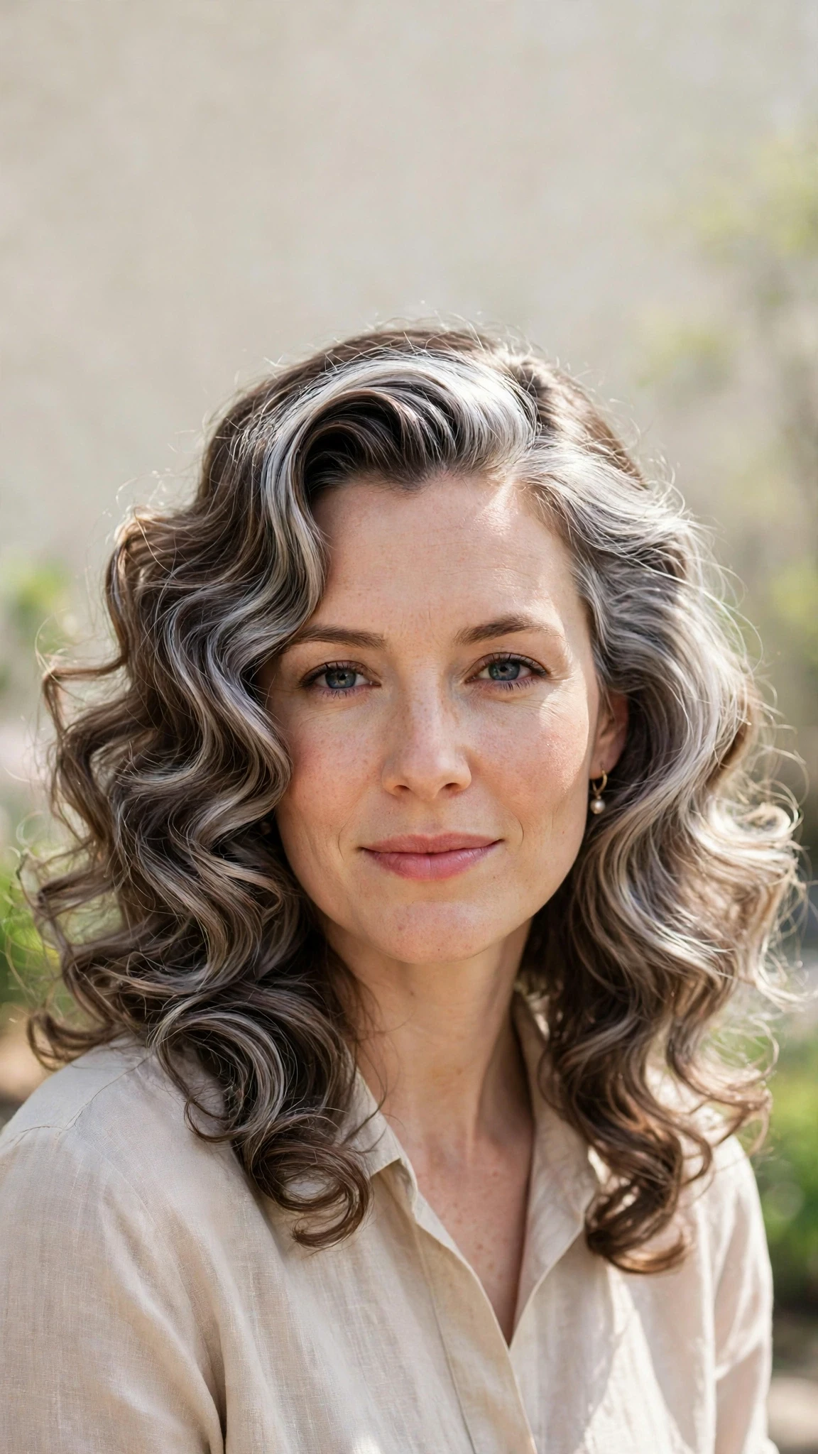 Retro Waves Hairstyles For Spring Evenings With A Deep Side Part With Loose Romantic Curls, Face-Framing Layers And Silver-Blended Brightness