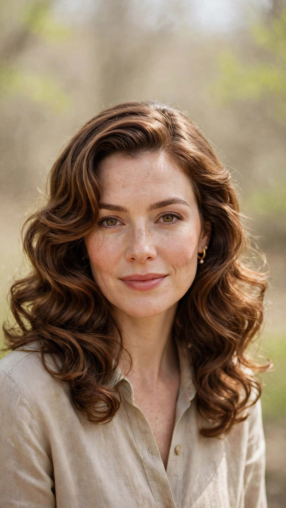Retro Waves Hairstyles For Spring Evenings With A Deep Side Part With Loose Romantic Curls, Face-Framing Layers And Warm Chestnut Warmth