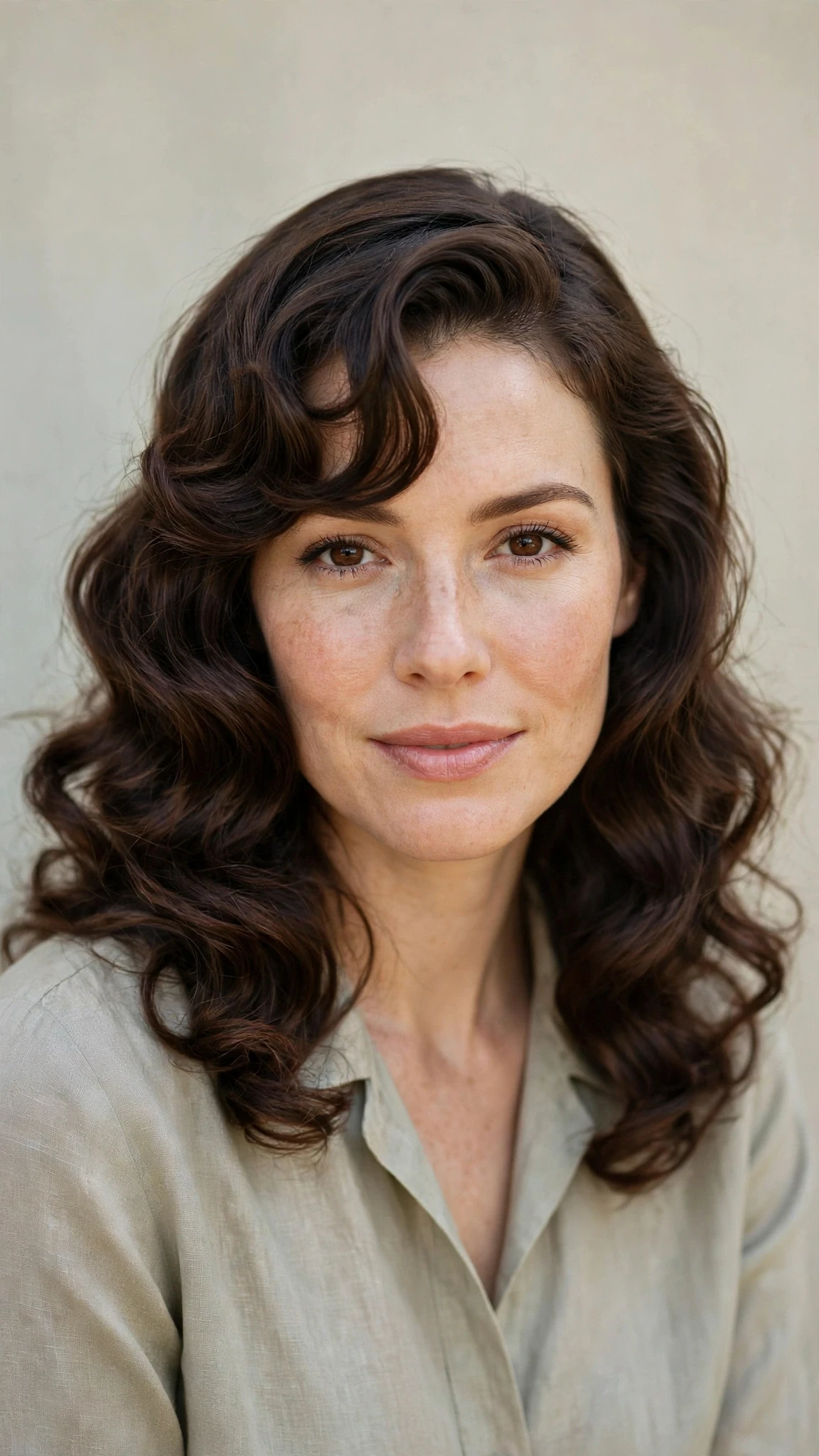 Retro Waves Hairstyles For Spring Evenings With A Deep Side Part With Loose Romantic Curls, A Soft Side-Swept Fringe And Natural Brunette Depth