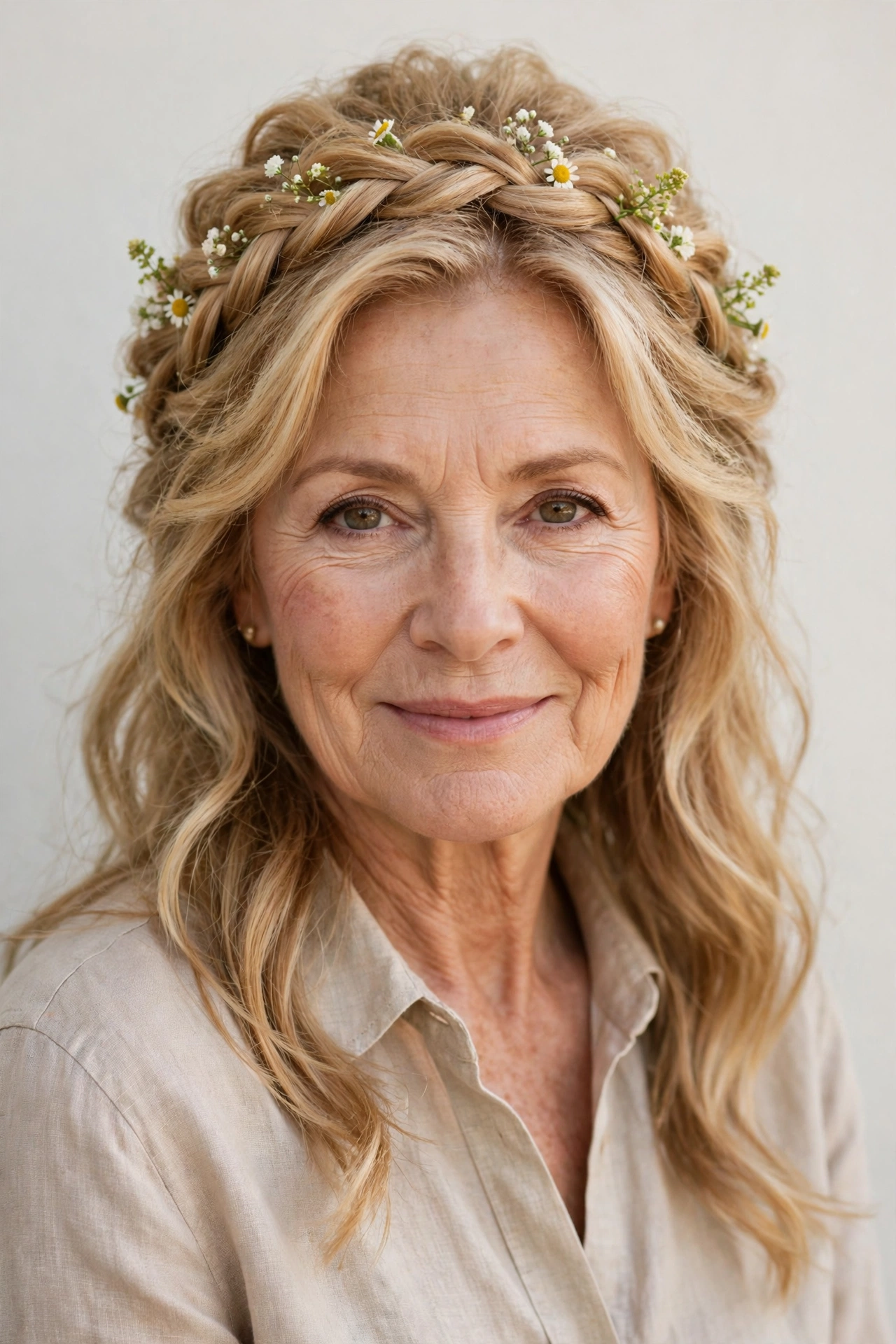18 Romantic Braided Hairstyles for Women Over 60 with a Loose Crown Braid That Are Romantic, Chic and Easy to Wear 2 Honey Blonde Romantic Braided Hairstyles with a Loose Crown Braid with Tiny Fresh Flowers