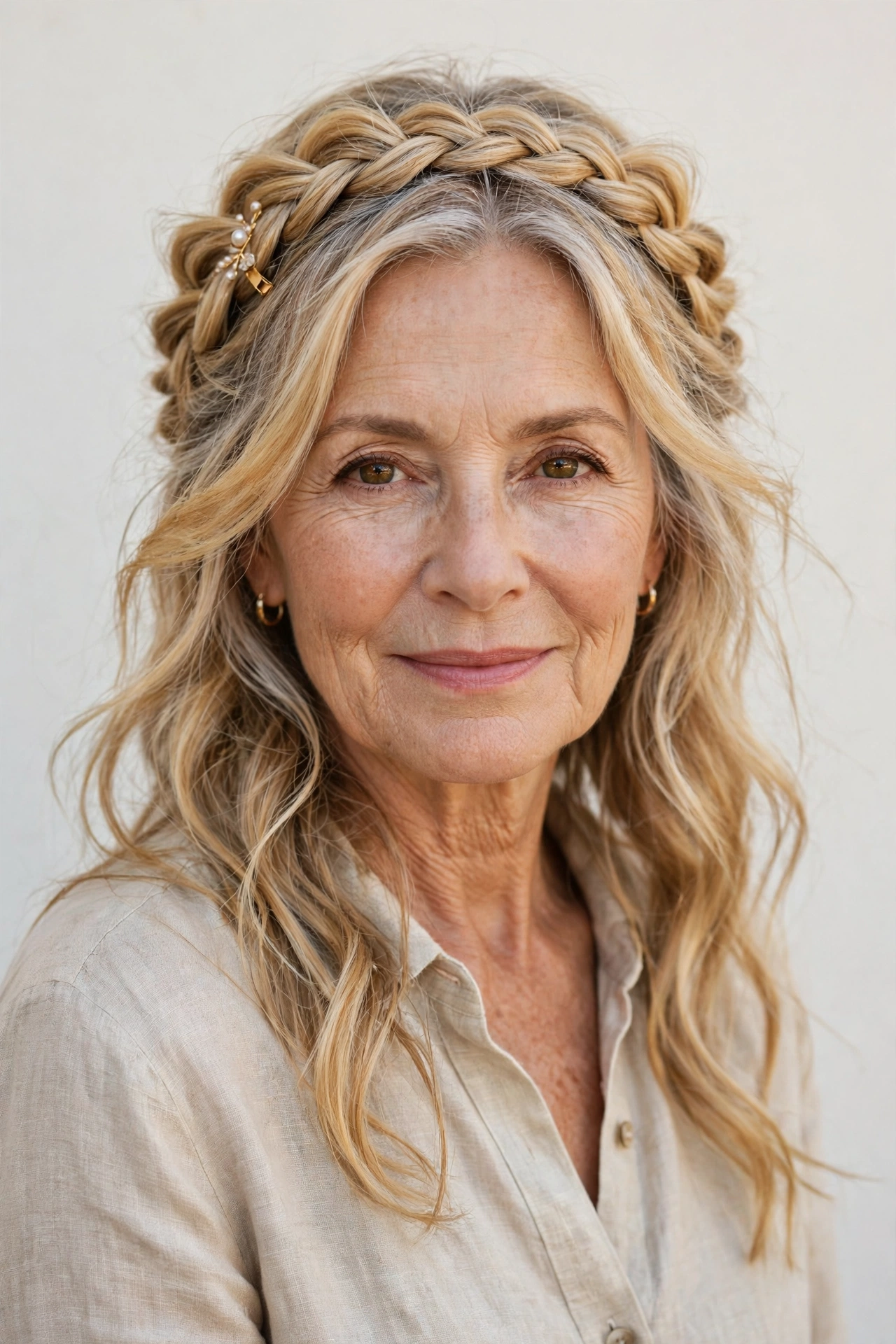 18 Romantic Braided Hairstyles for Women Over 60 with a Loose Crown Braid That Are Romantic, Chic and Easy to Wear 3 Romantic Braided Hairstyles with a Loose Crown Braid in golden blonde with a relaxed with movement finish