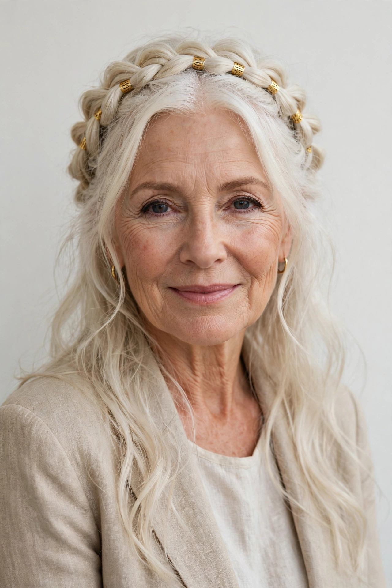 18 Romantic Braided Hairstyles for Women Over 60 with a Loose Crown Braid That Are Romantic, Chic and Easy to Wear 4 Platinum Blonde Romantic Braided Hairstyles with a Loose Crown Braid with Small Gold Cuffs
