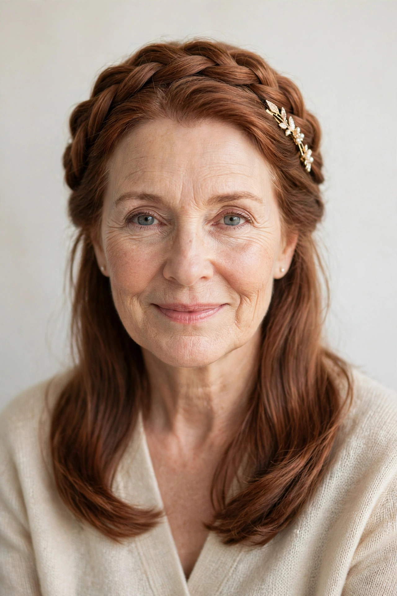18 Romantic Braided Hairstyles for Women Over 60 with a Loose Crown Braid That Are Romantic, Chic and Easy to Wear 7 Romantic Braided Hairstyles with a Loose Crown Braid in soft auburn with a sleek with shine finish