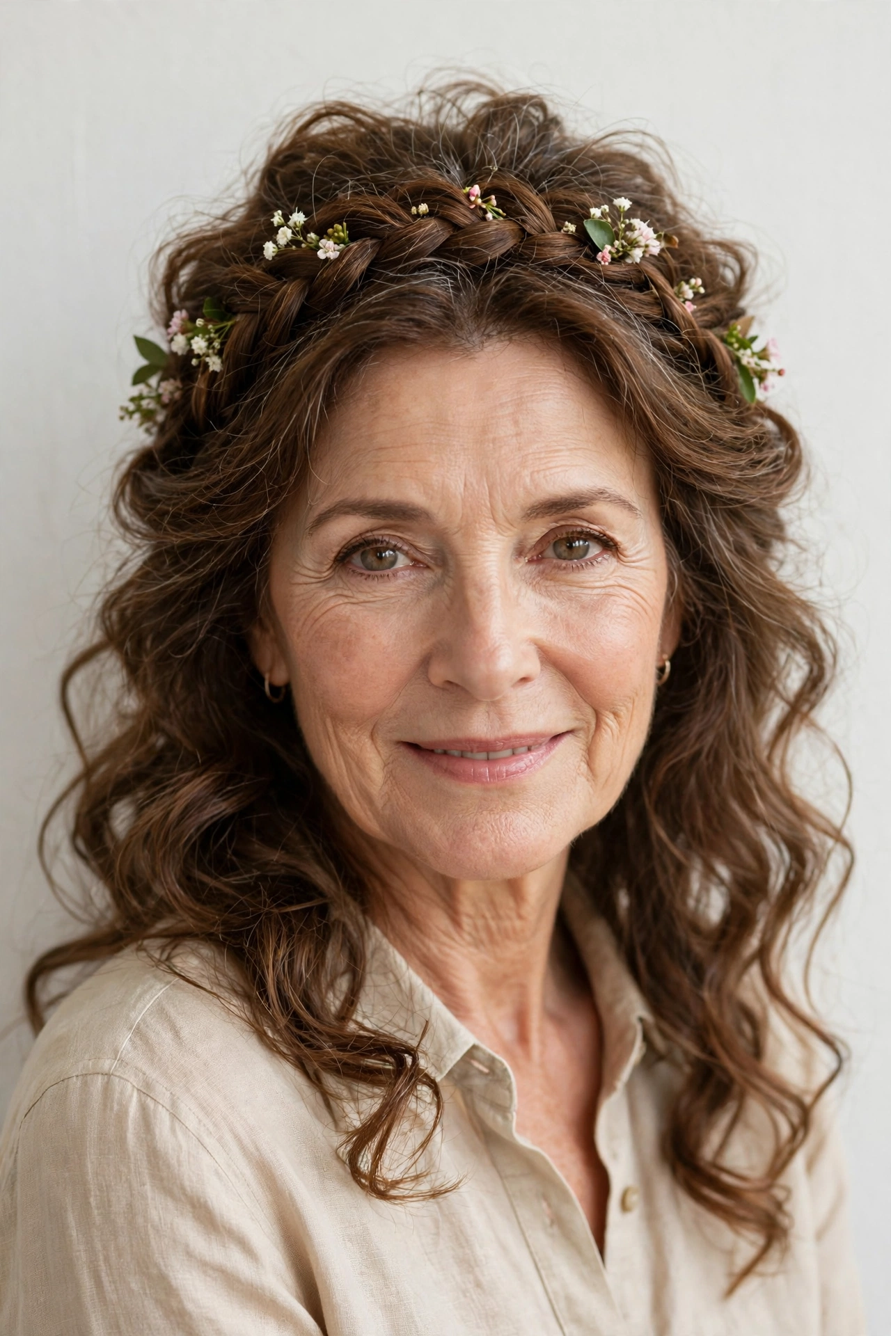 18 Romantic Braided Hairstyles for Women Over 60 with a Loose Crown Braid That Are Romantic, Chic and Easy to Wear 10 Warm Brown Romantic Braided Hairstyles with a Loose Crown Braid with Tiny Fresh Flowers