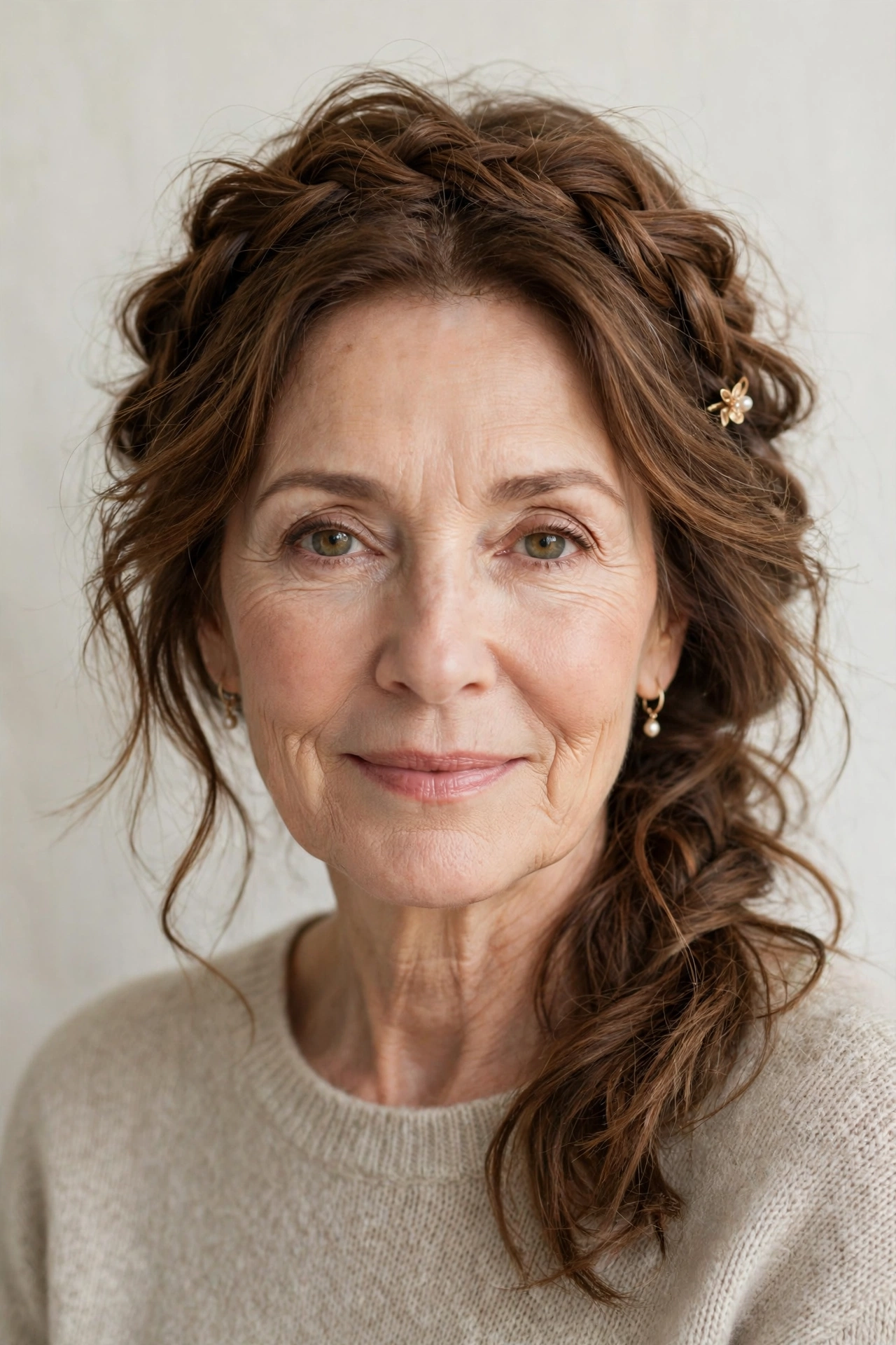 18 Romantic Braided Hairstyles for Women Over 60 with a Loose Crown Braid That Are Romantic, Chic and Easy to Wear 11 Romantic Braided Hairstyles with a Loose Crown Braid in chestnut with a relaxed with movement finish