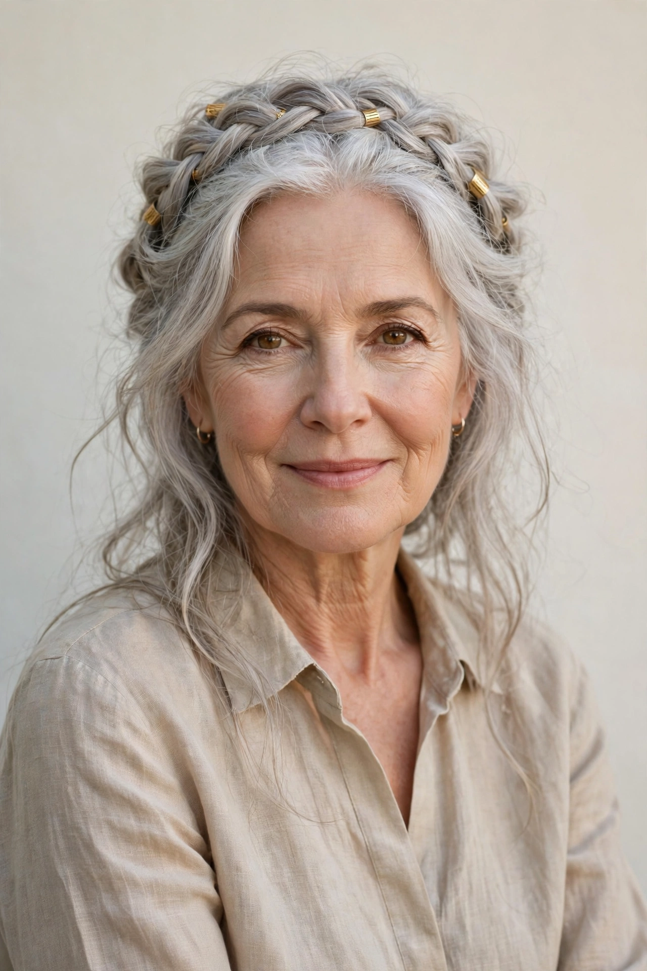 18 Romantic Braided Hairstyles for Women Over 60 with a Loose Crown Braid That Are Romantic, Chic and Easy to Wear 12 Silver Romantic Braided Hairstyles with a Loose Crown Braid with Small Gold Cuffs