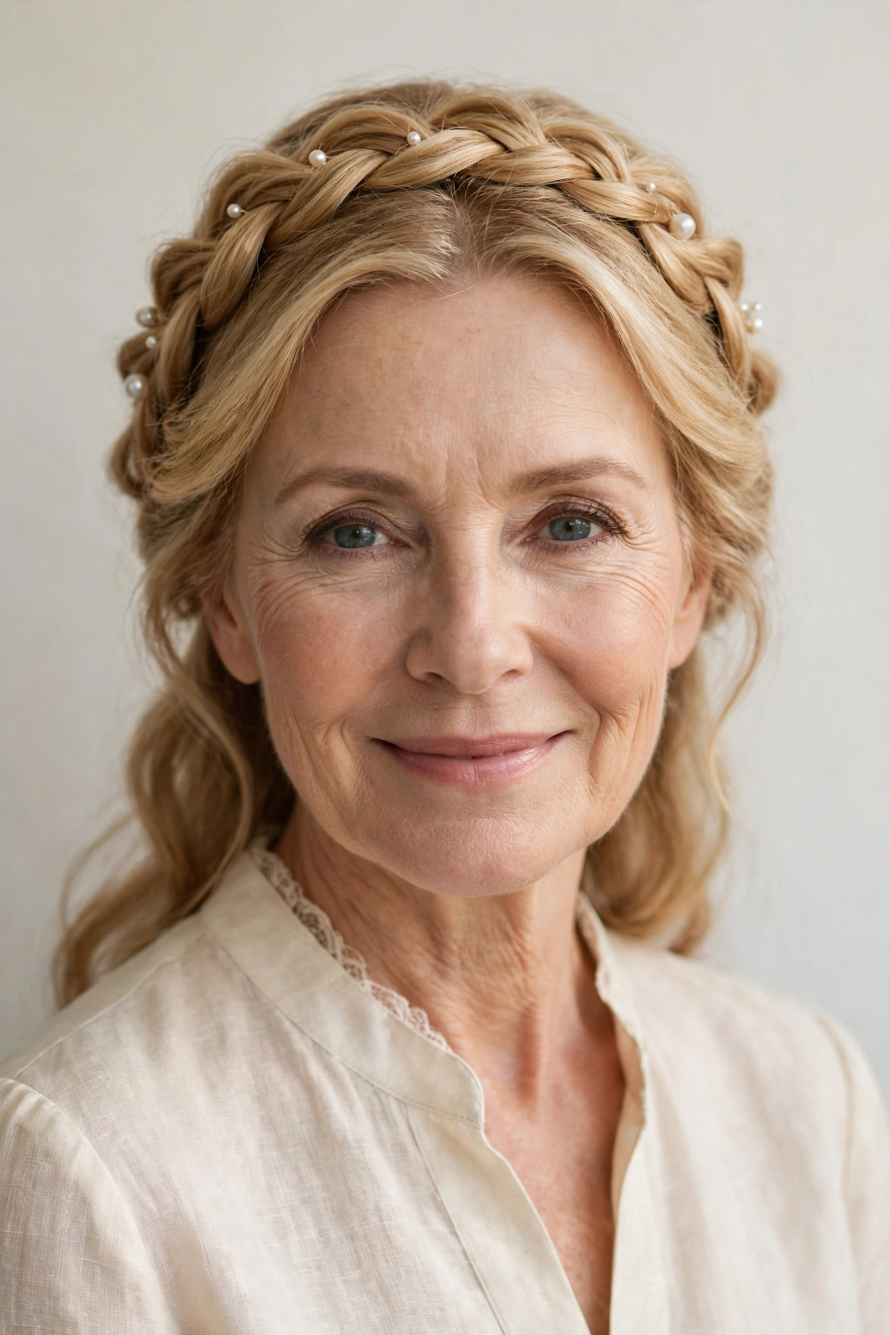 18 Romantic Braided Hairstyles for Women Over 60 with a Loose Crown Braid That Are Romantic, Chic and Easy to Wear 14 Honey Blonde Romantic Braided Hairstyles with a Loose Crown Braid with Delicate Pearl Pins
