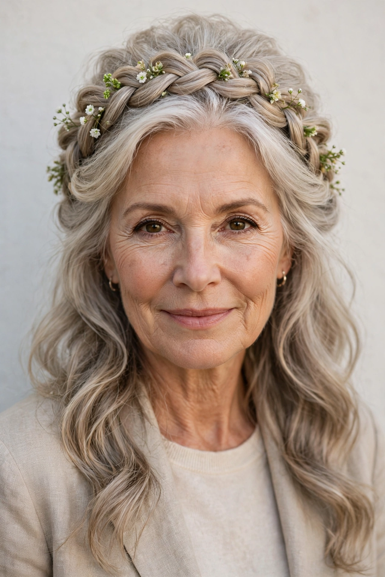 18 Romantic Braided Hairstyles for Women Over 60 with a Loose Crown Braid That Are Romantic, Chic and Easy to Wear 18 Ash Blonde Romantic Braided Hairstyles with a Loose Crown Braid with Tiny Fresh Flowers