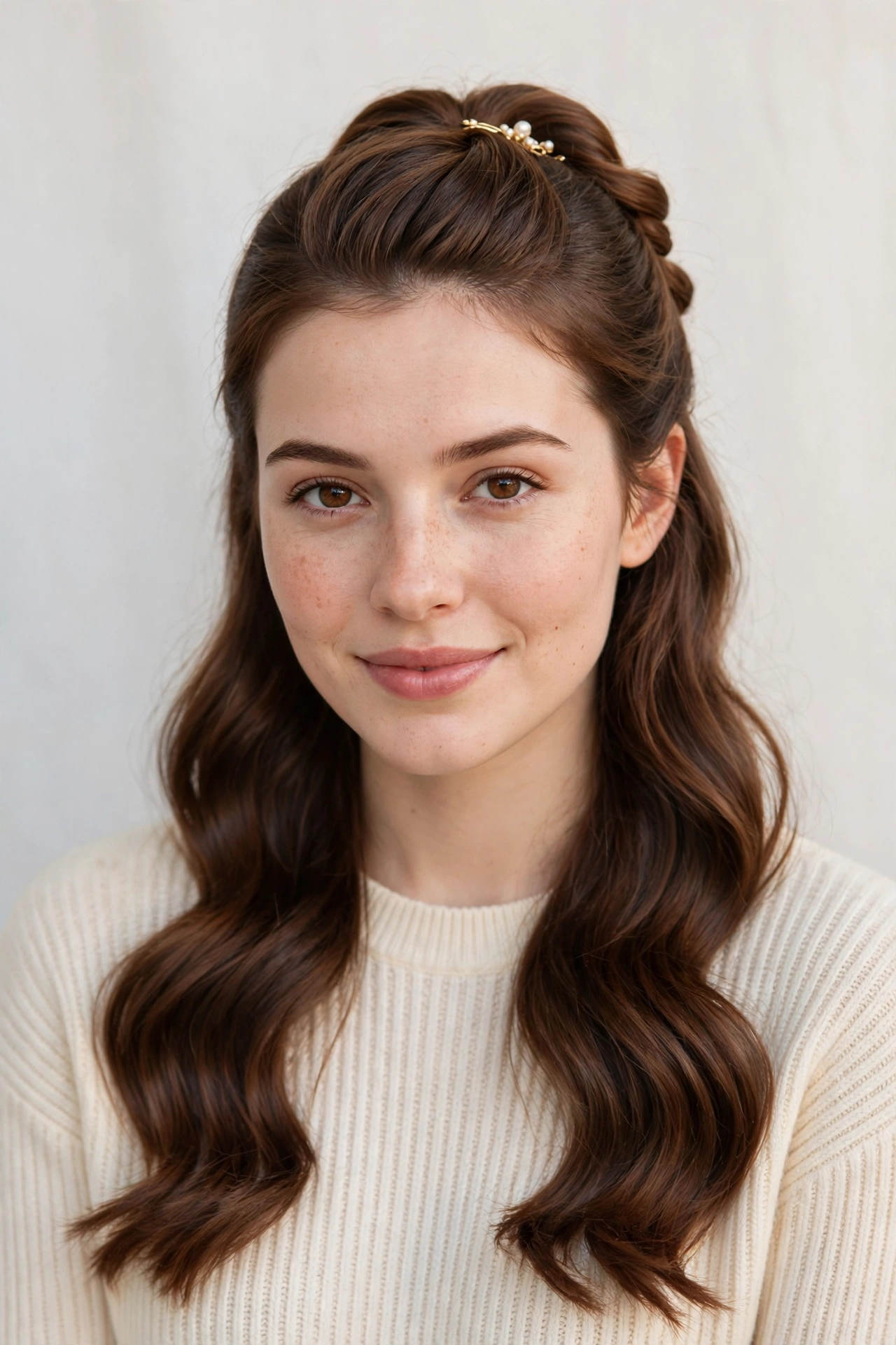 Romantic Date Night Hairstyles with a Half Up Twist in chestnut with a glossy and neat finish
