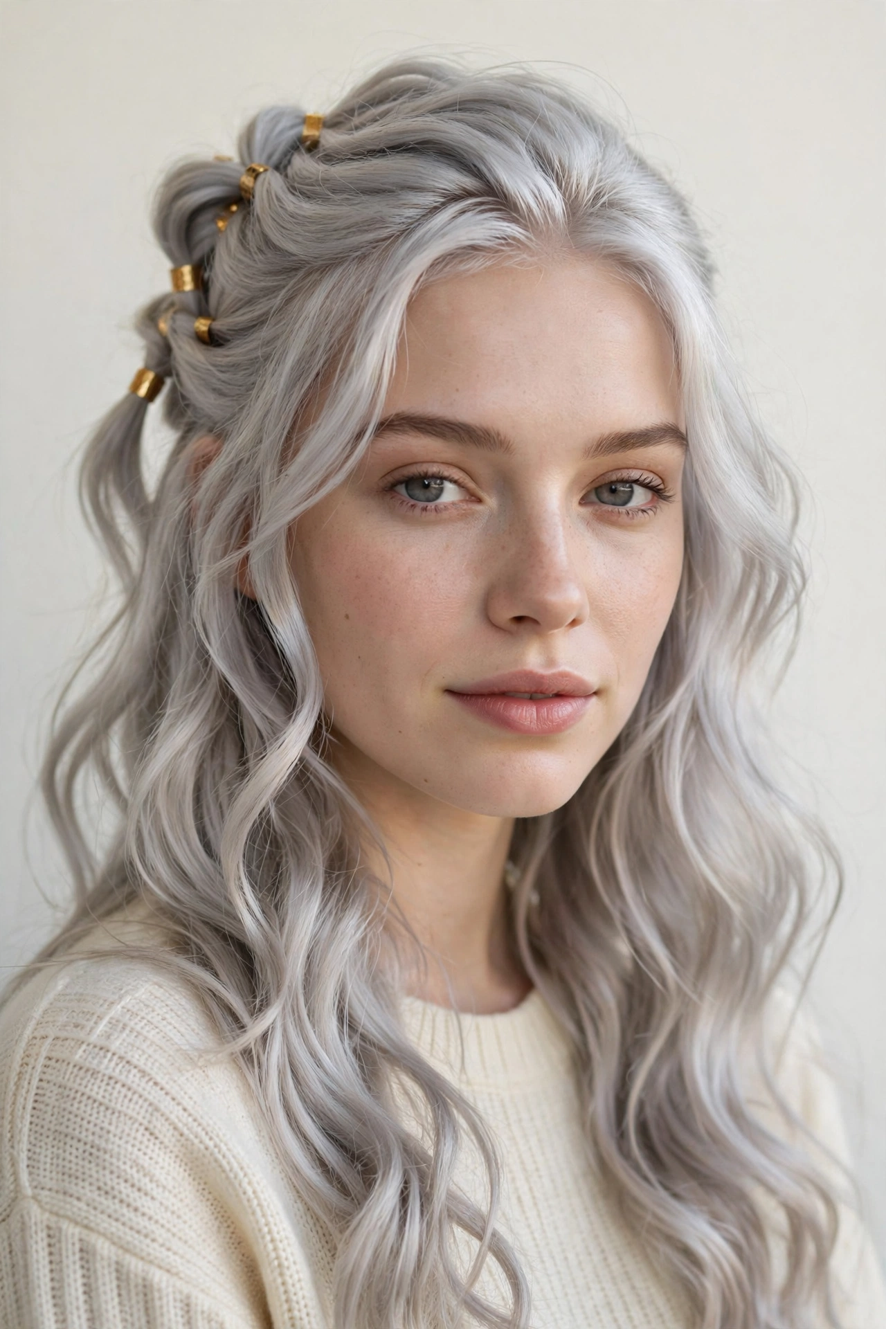 Silver Romantic Date Night Hairstyles with a Half Up Twist with Small Gold Cuffs