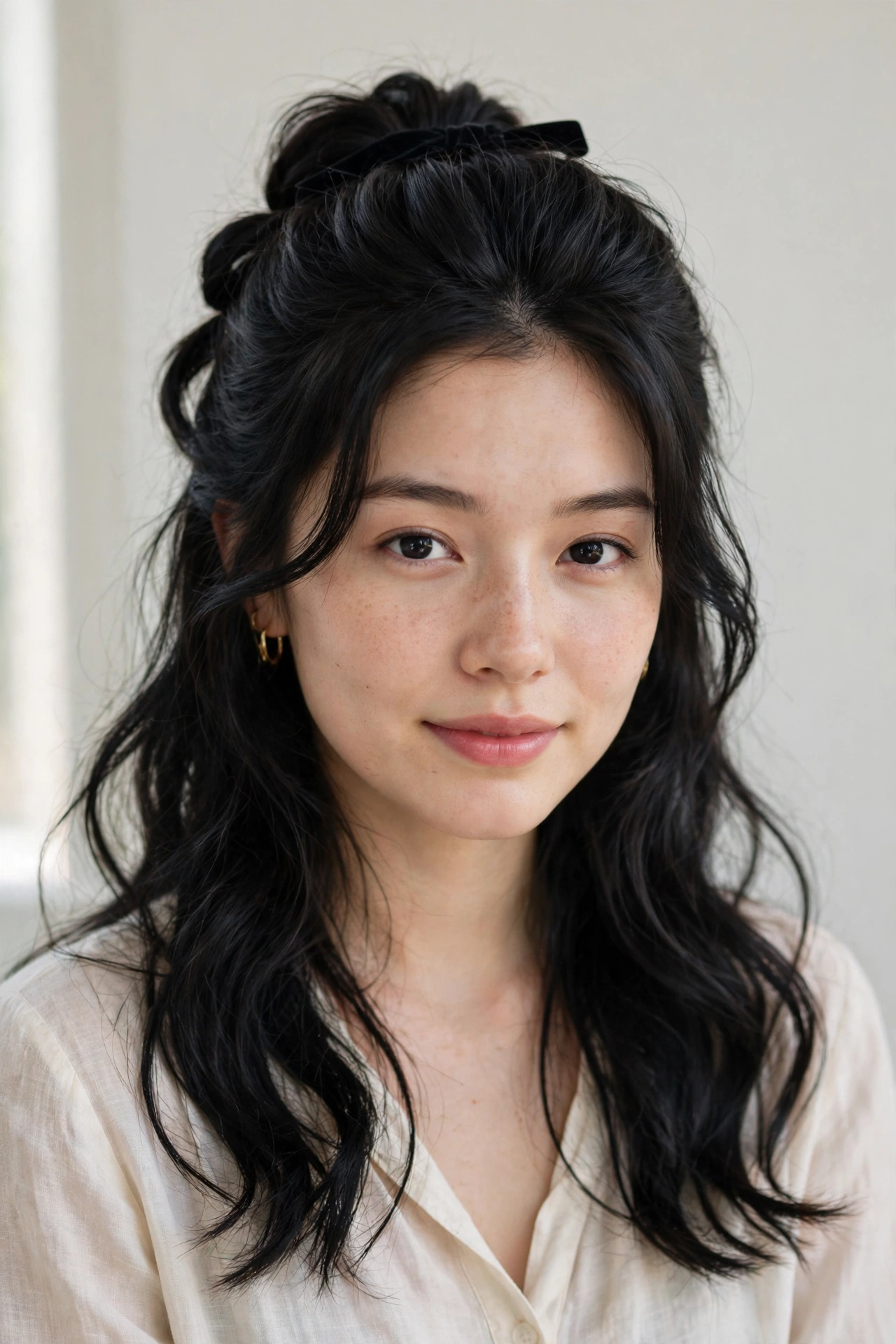 Romantic Date Night Hairstyles with a Half Up Twist in soft black with a voluminous at the roots finish