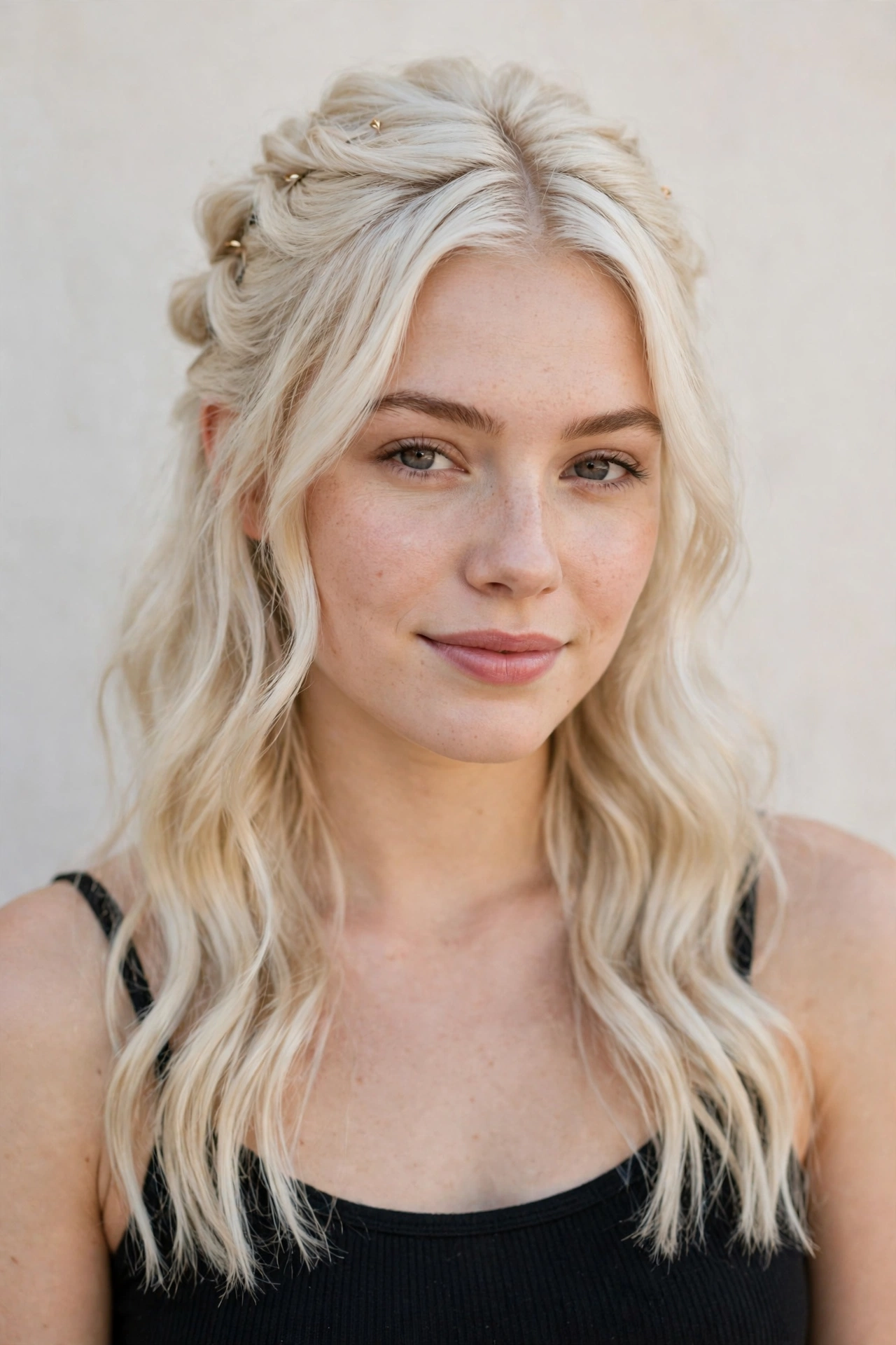 Platinum Blonde Romantic Date Night Hairstyles with a Half Up Twist with Minimal Gold Pins