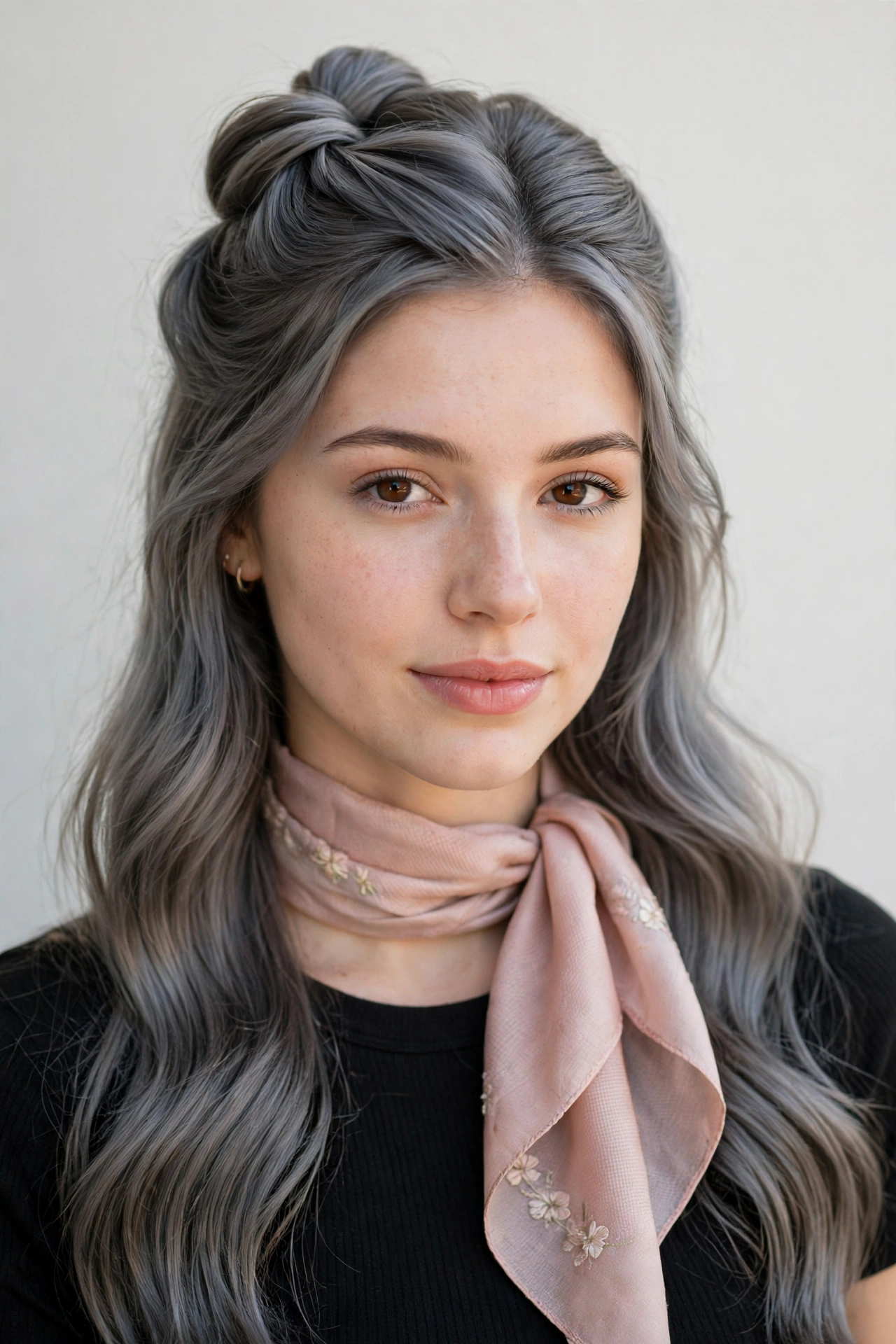 Romantic Date Night Hairstyles with a Half Up Twist in soft grey-blended with a smooth and polished finish