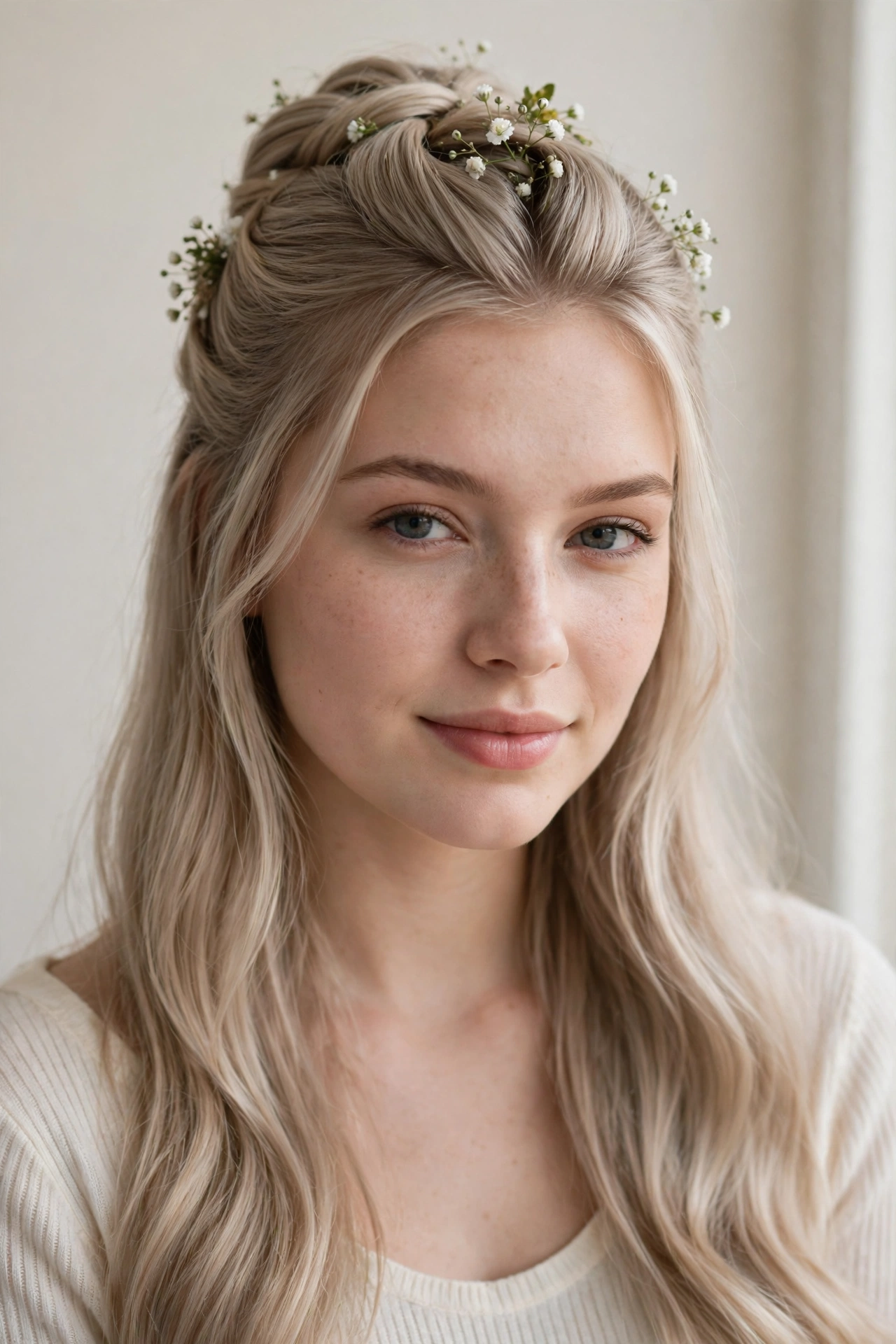 Ash Blonde Romantic Date Night Hairstyles with a Half Up Twist with Tiny Fresh Flowers