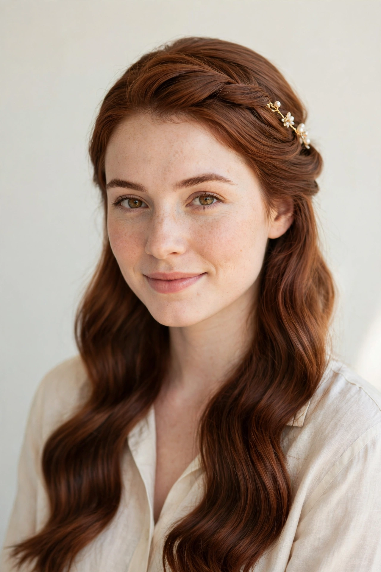 Romantic Date Night Hairstyles with a Half Up Twist in soft auburn with a glossy and neat finish