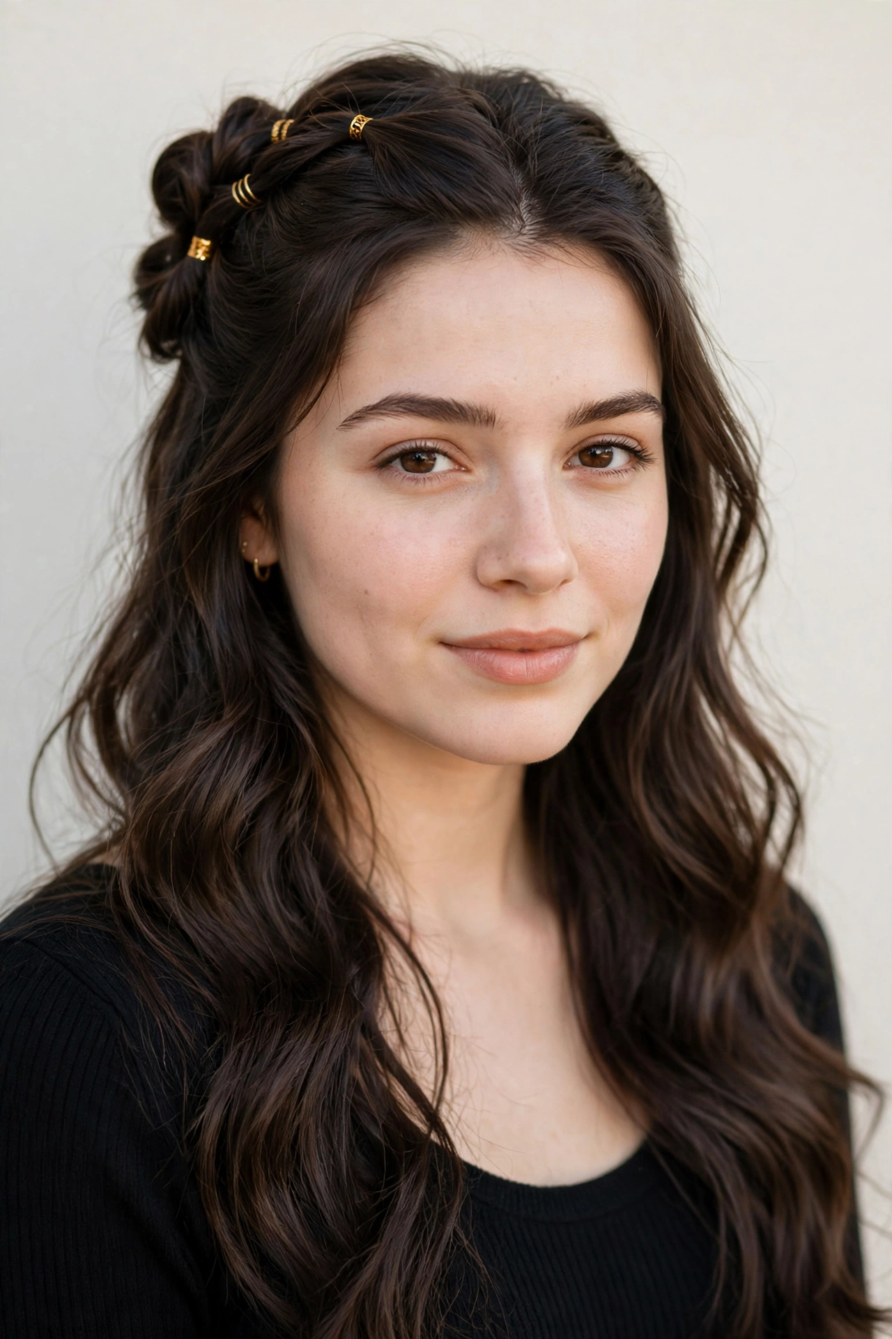 Deep Brunette Romantic Date Night Hairstyles with a Half Up Twist with Small Gold Cuffs