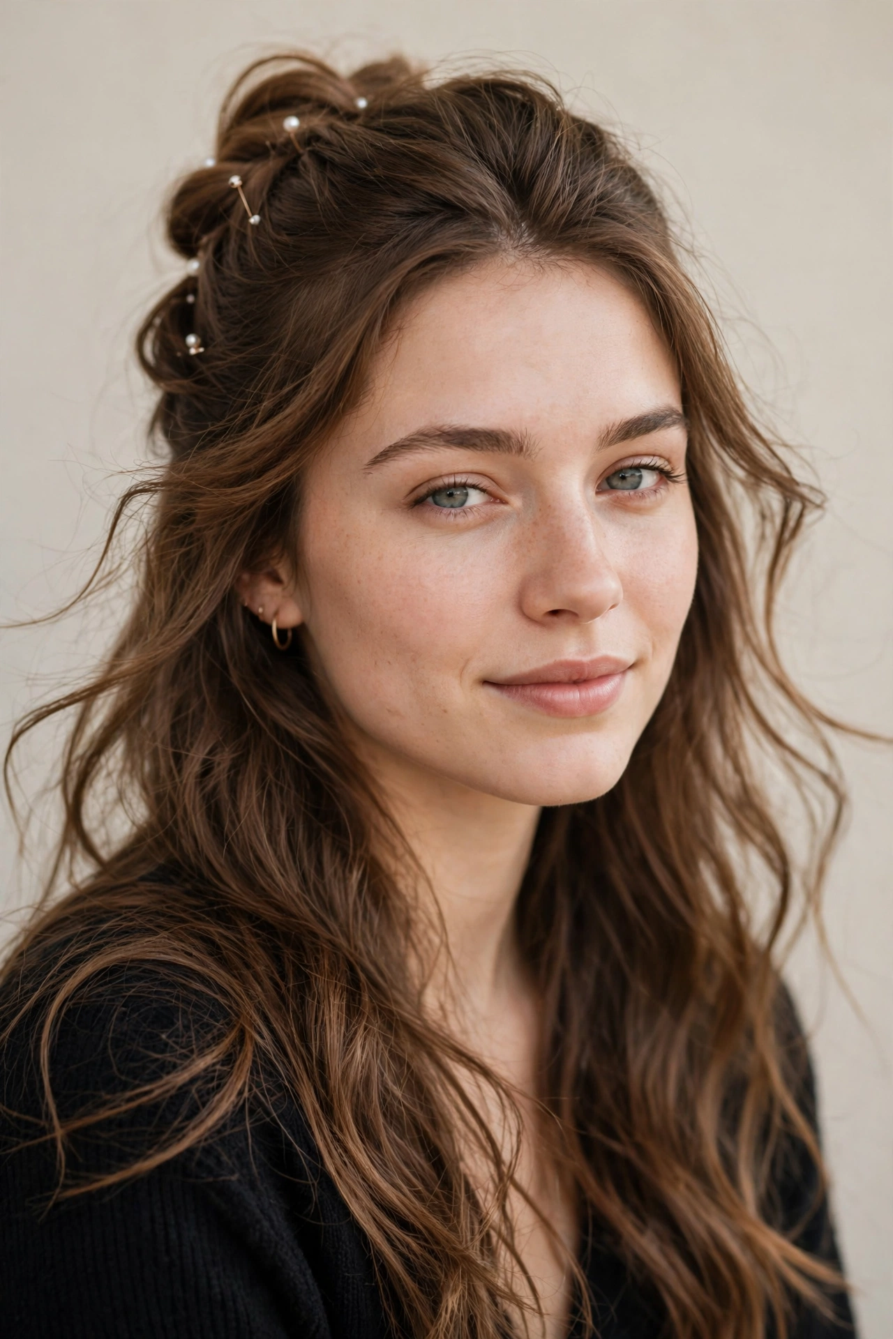 Warm Brown Romantic Date Night Hairstyles with a Half Up Twist with Delicate Pearl Pins