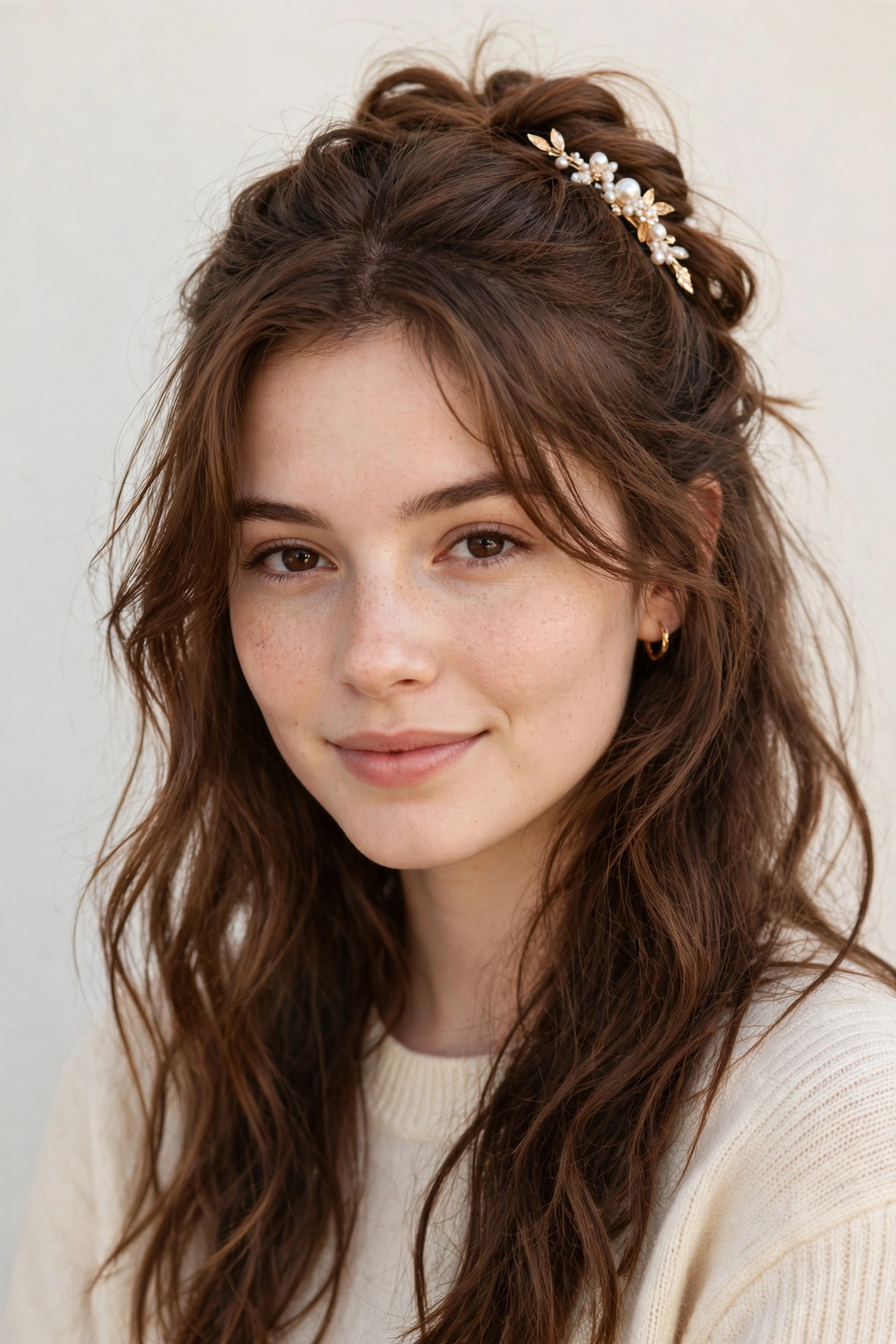 Romantic Date Night Hairstyles with a Half Up Twist in chestnut with a gently tousled finish