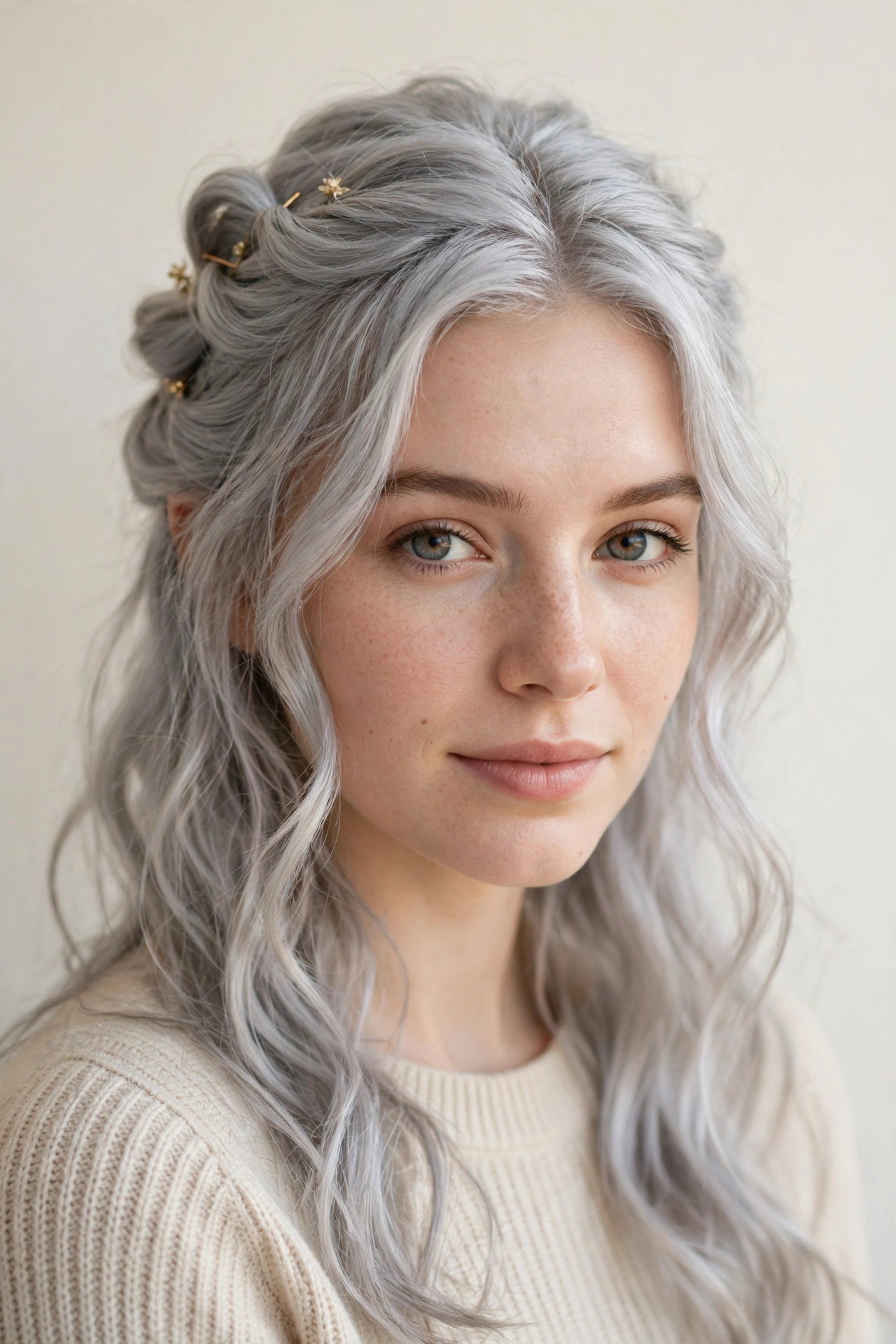 Silver Romantic Date Night Hairstyles with a Half Up Twist with Minimal Gold Pins