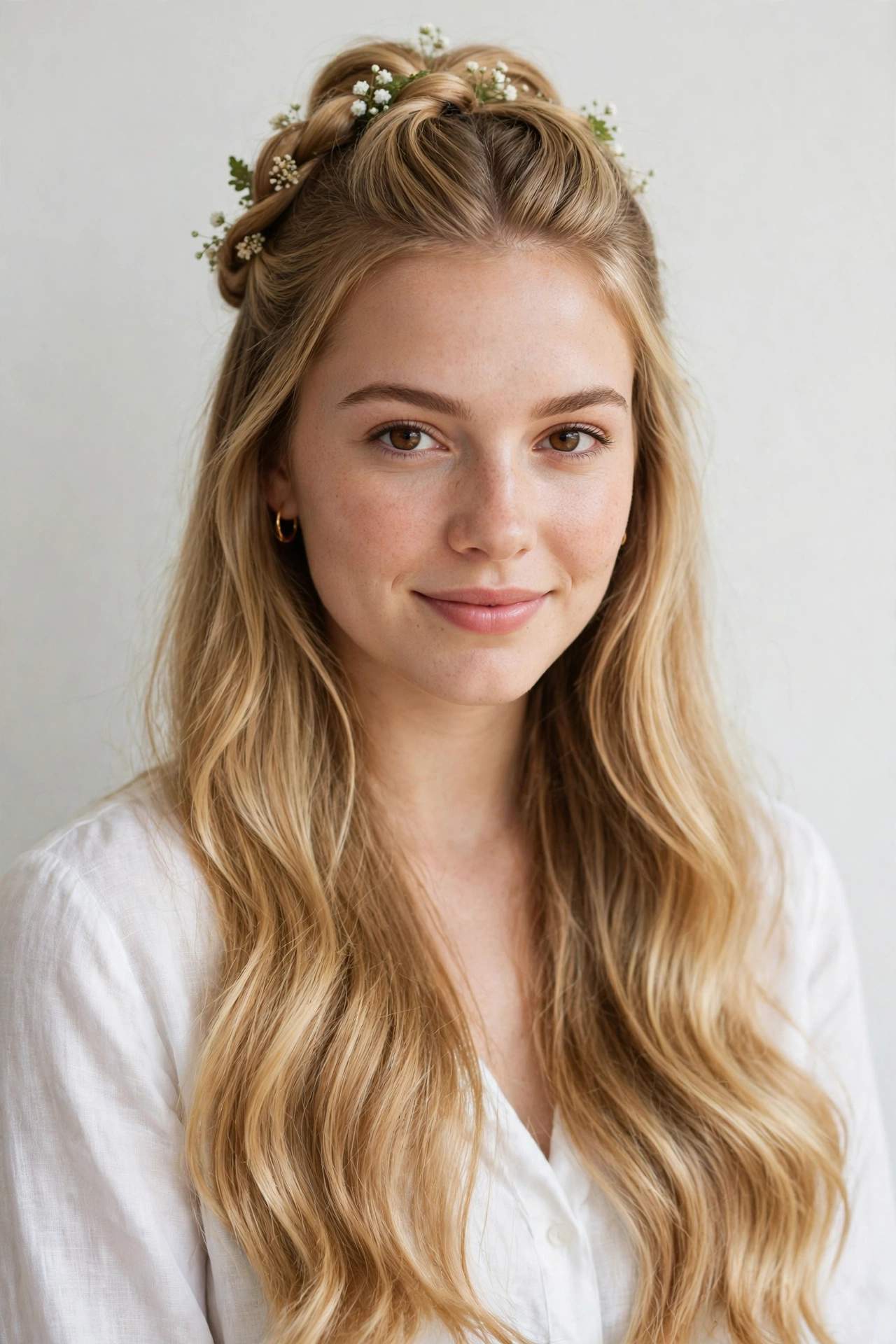 Honey Blonde Romantic Date Night Hairstyles with a Half Up Twist with Tiny Fresh Flowers