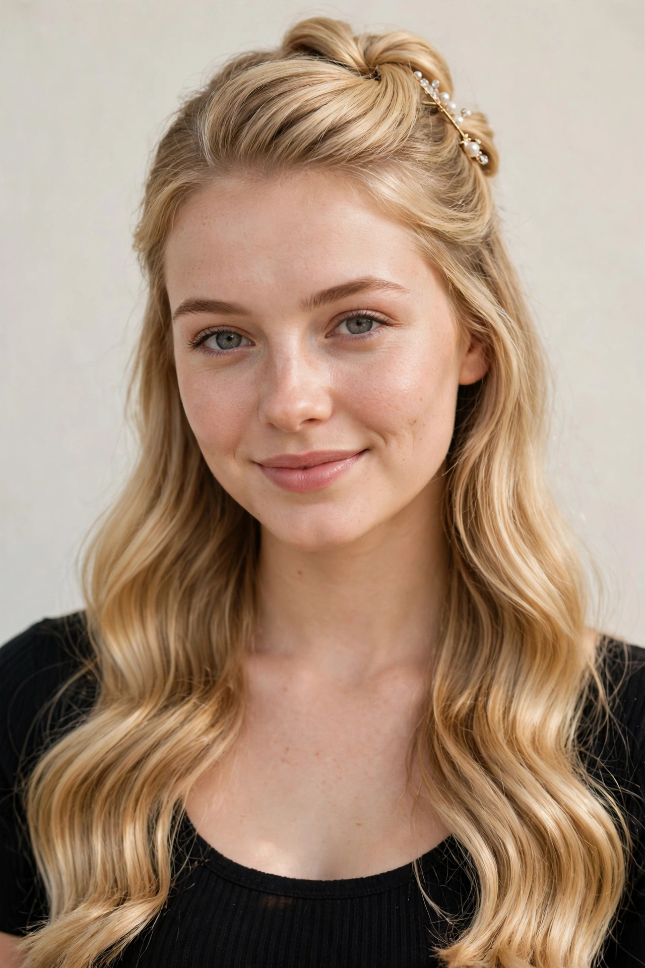 Romantic Date Night Hairstyles with a Half Up Twist in golden blonde with a glossy and neat finish