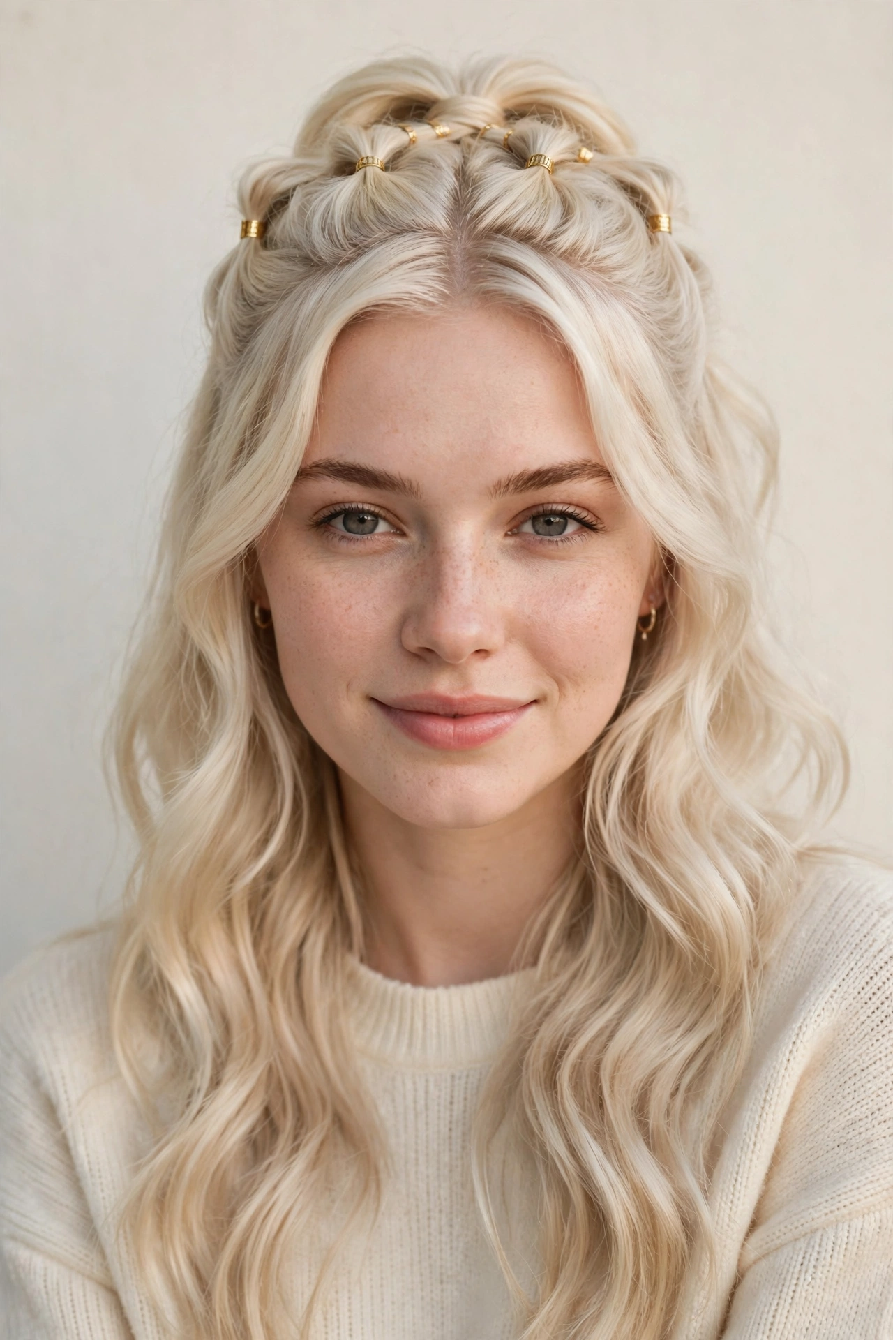 Platinum Blonde Romantic Date Night Hairstyles with a Half Up Twist with Small Gold Cuffs