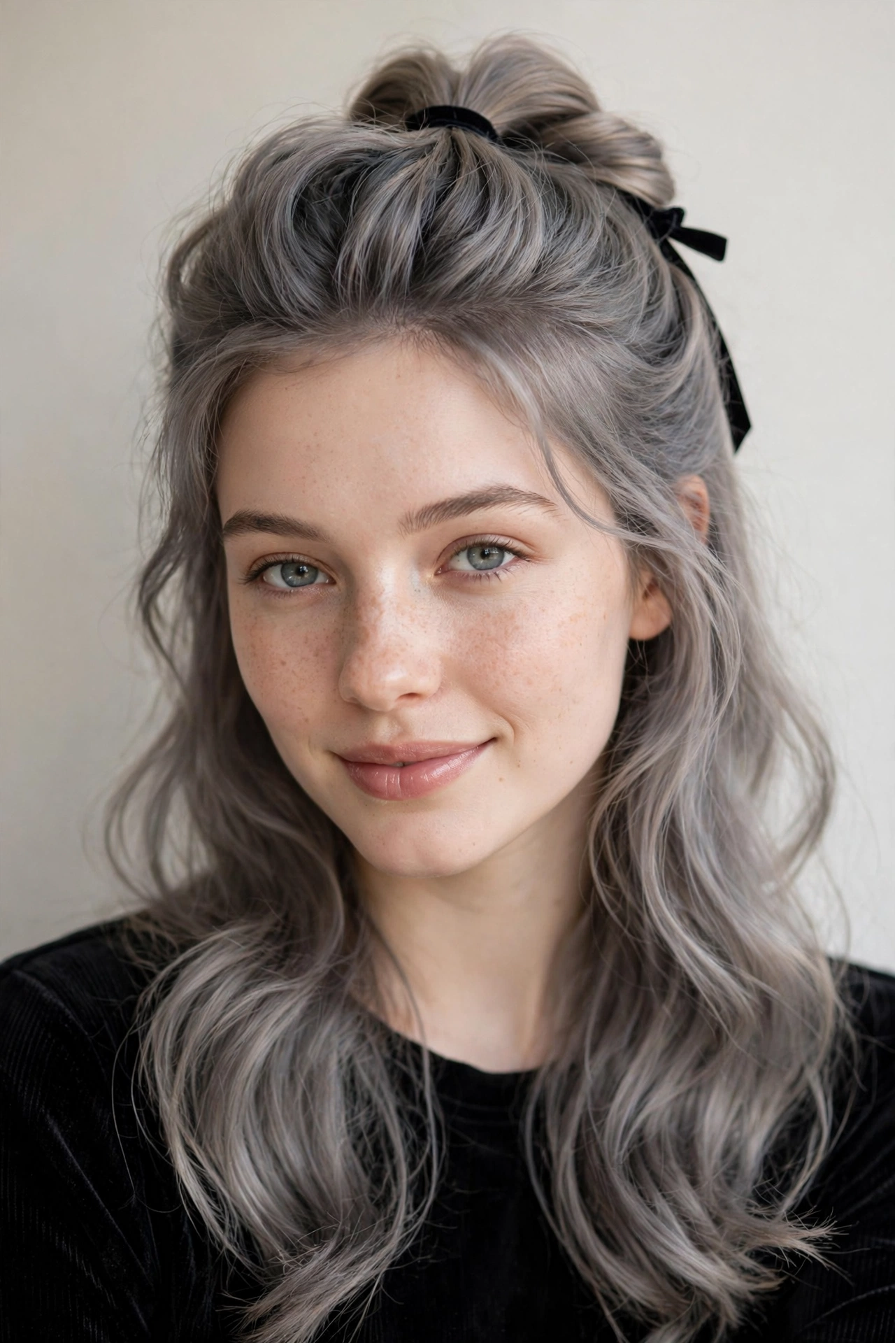 Romantic Date Night Hairstyles with a Half Up Twist in soft grey-blended with a voluminous at the roots finish