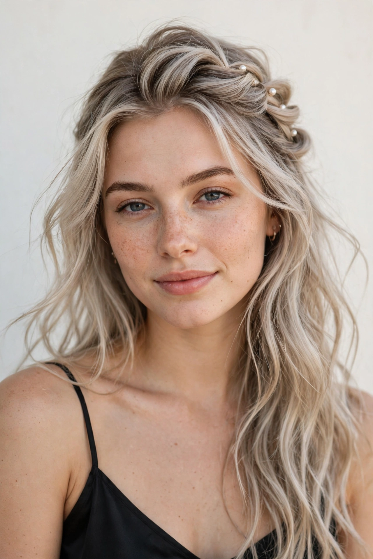 Ash Blonde Romantic Date Night Hairstyles with a Half Up Twist with Delicate Pearl Pins