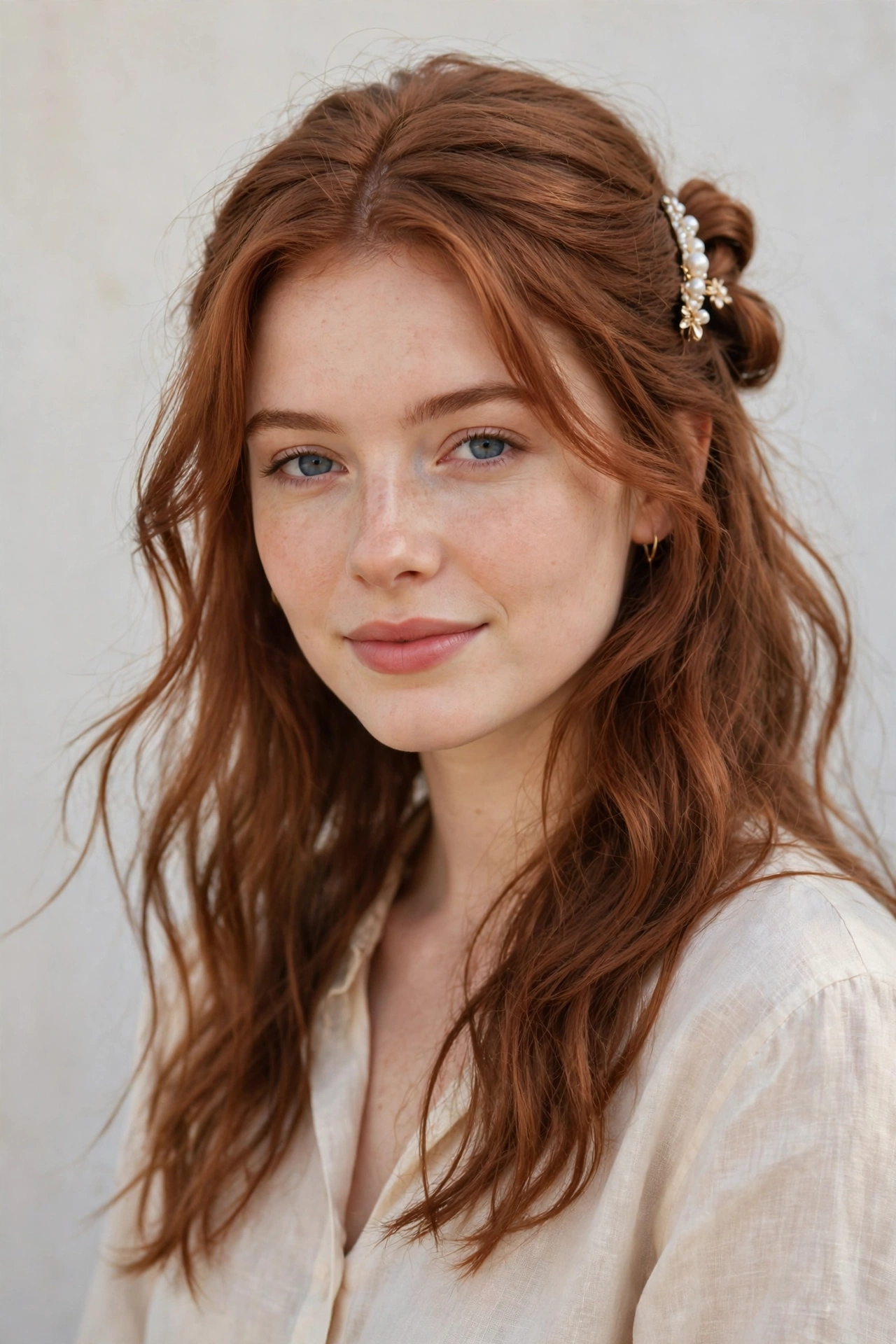 Romantic Date Night Hairstyles with a Half Up Twist in soft auburn with a gently tousled finish