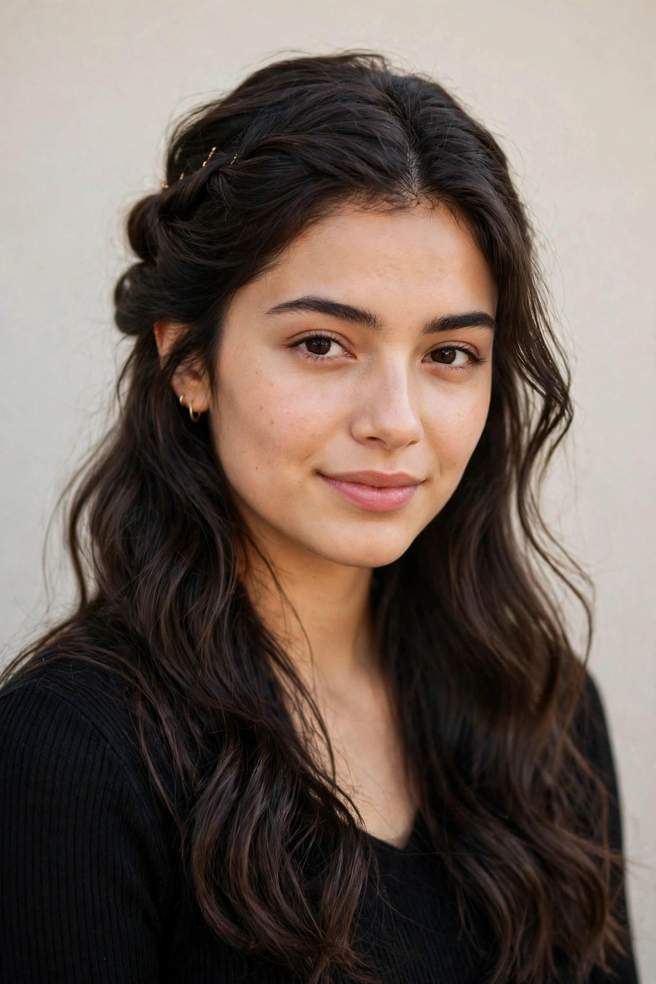 Deep Brunette Romantic Date Night Hairstyles with a Half Up Twist with Minimal Gold Pins