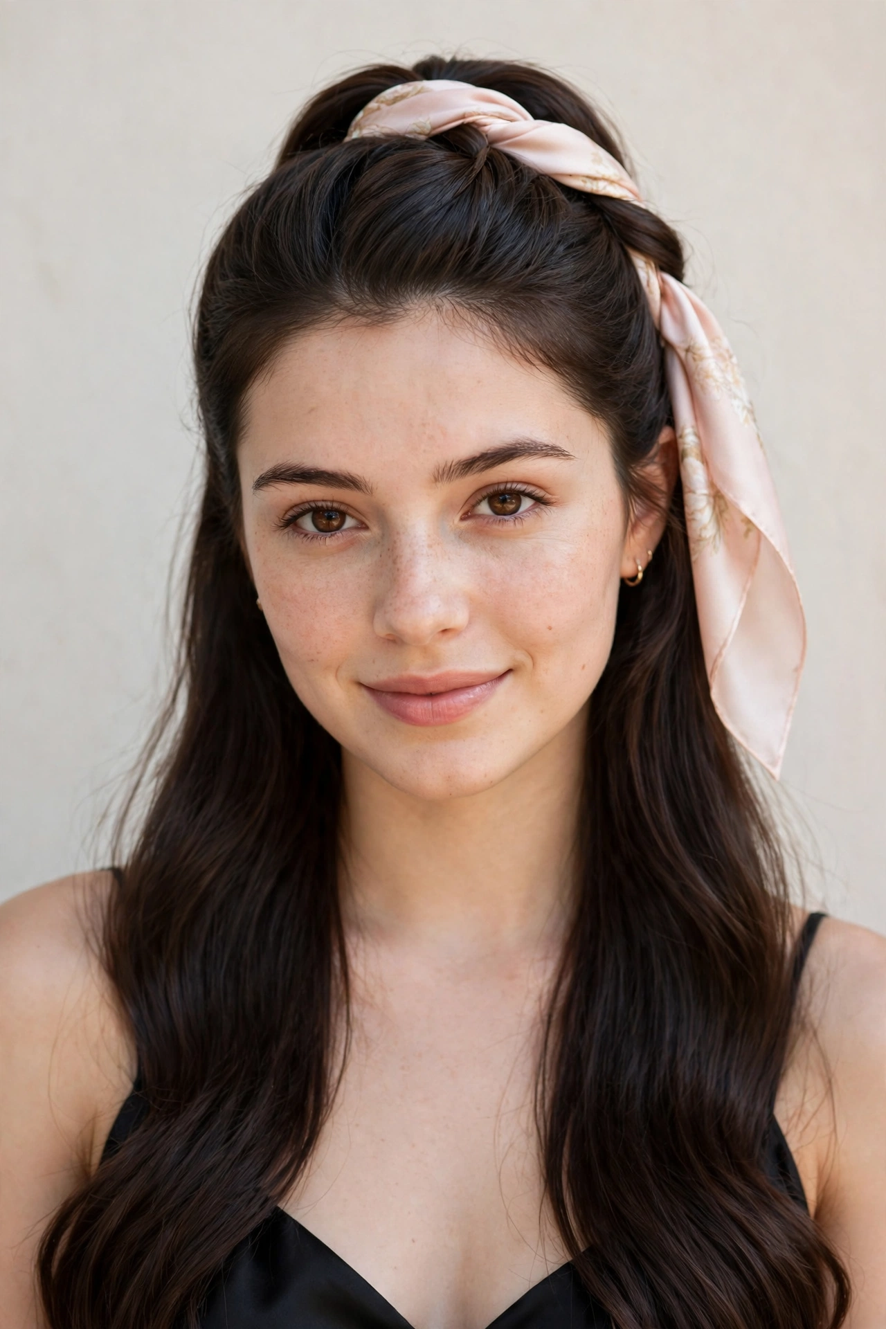 Romantic Date Night Hairstyles with a Half Up Twist in dark chocolate with a smooth and polished finish