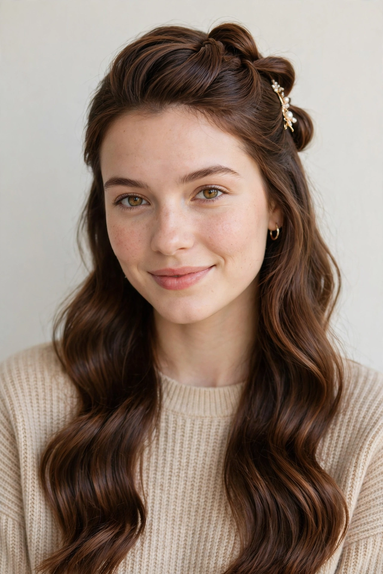 Romantic Date Night Hairstyles with a Half Up Twist in chestnut with a glossy and neat finish for A Relaxed Evening With Friends