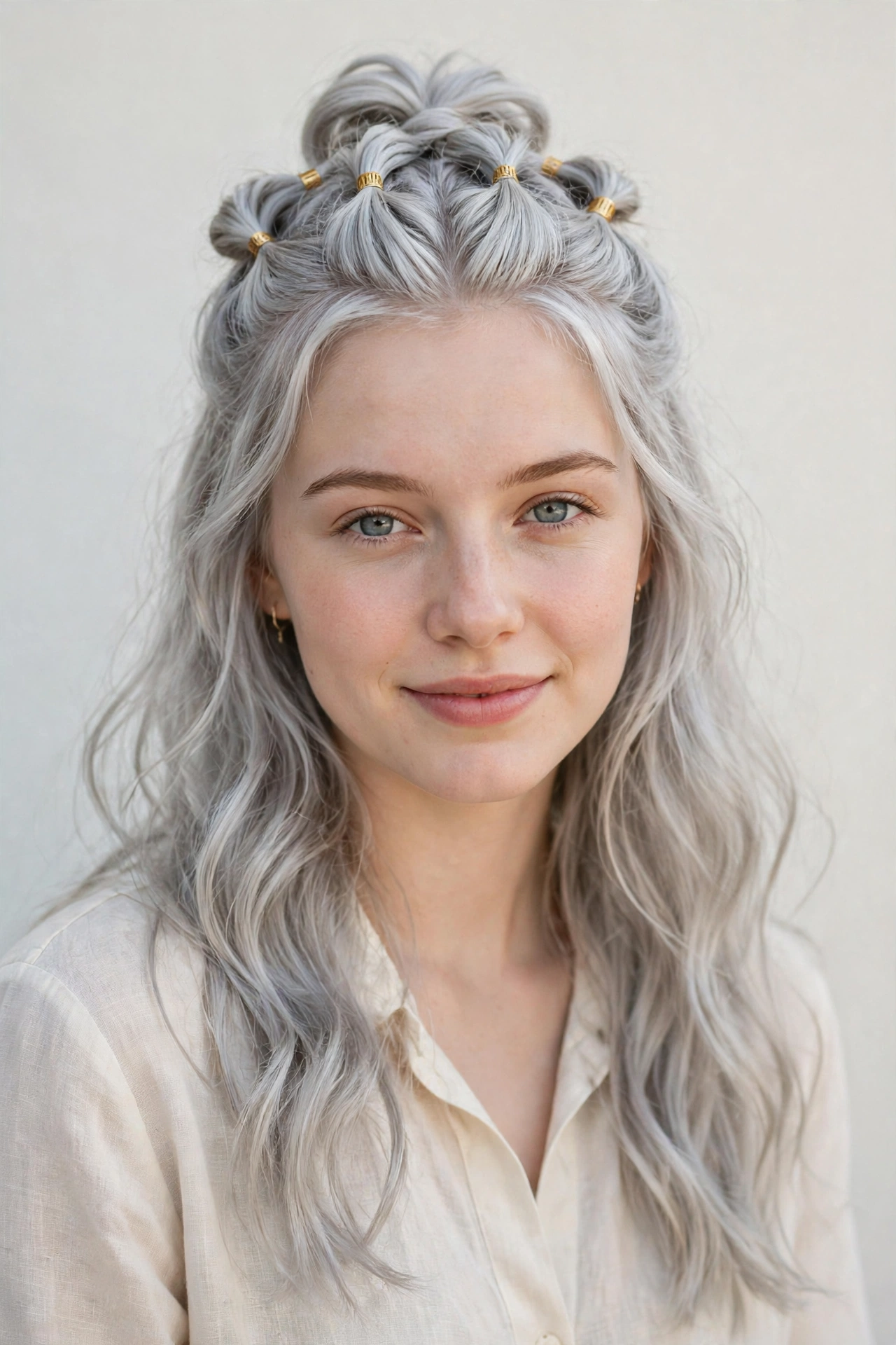 Silver Romantic Date Night Hairstyles with a Half Up Twist with Small Gold Cuffs for A Weekend Outing