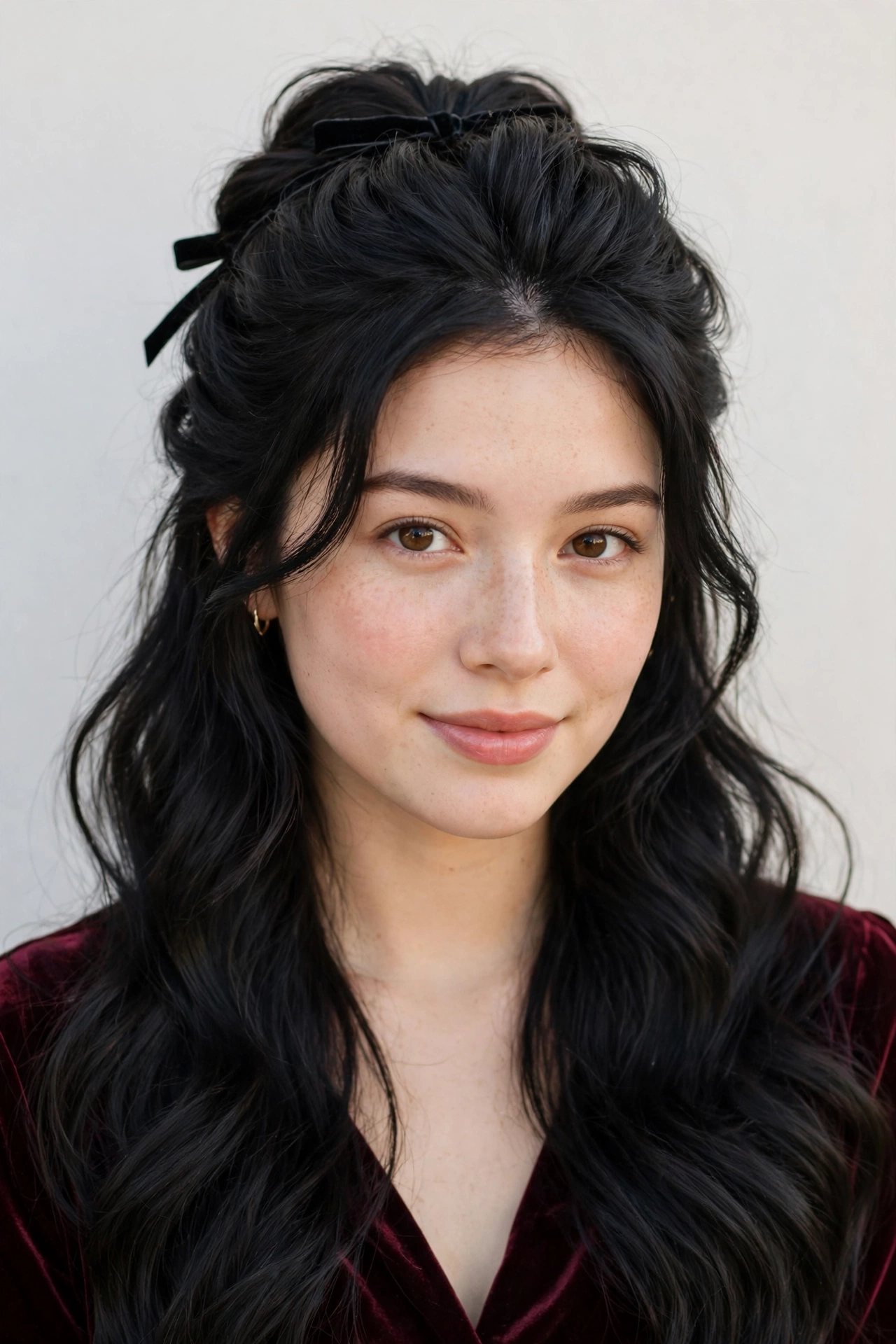 Romantic Date Night Hairstyles with a Half Up Twist in soft black with a voluminous at the roots finish for A Valentine Dinner