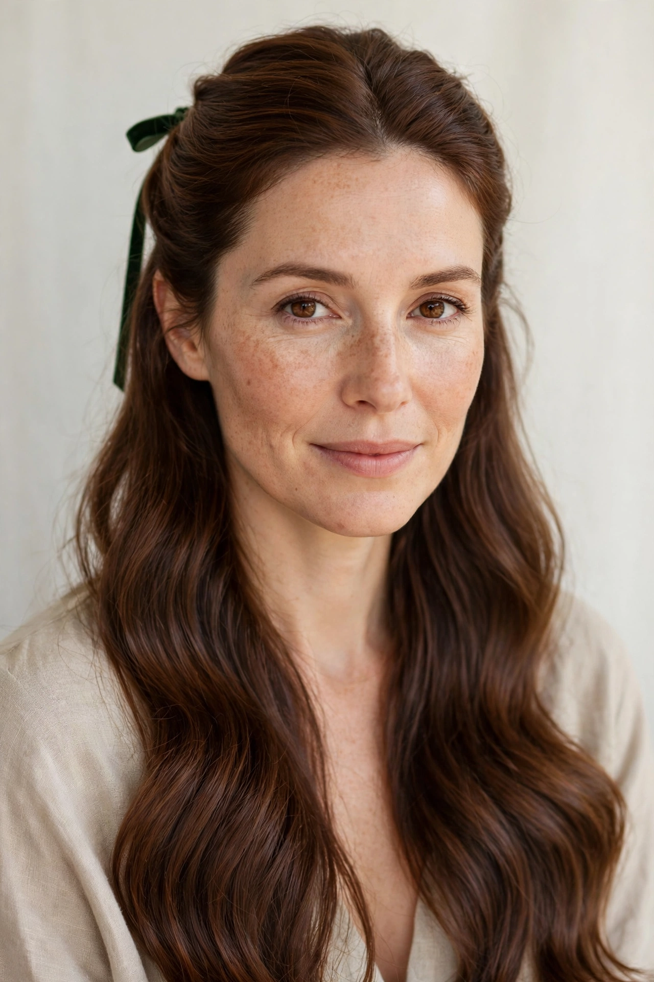 Chestnut Romantic Half Up Hairstyles with A Slim Velvet Ribbon