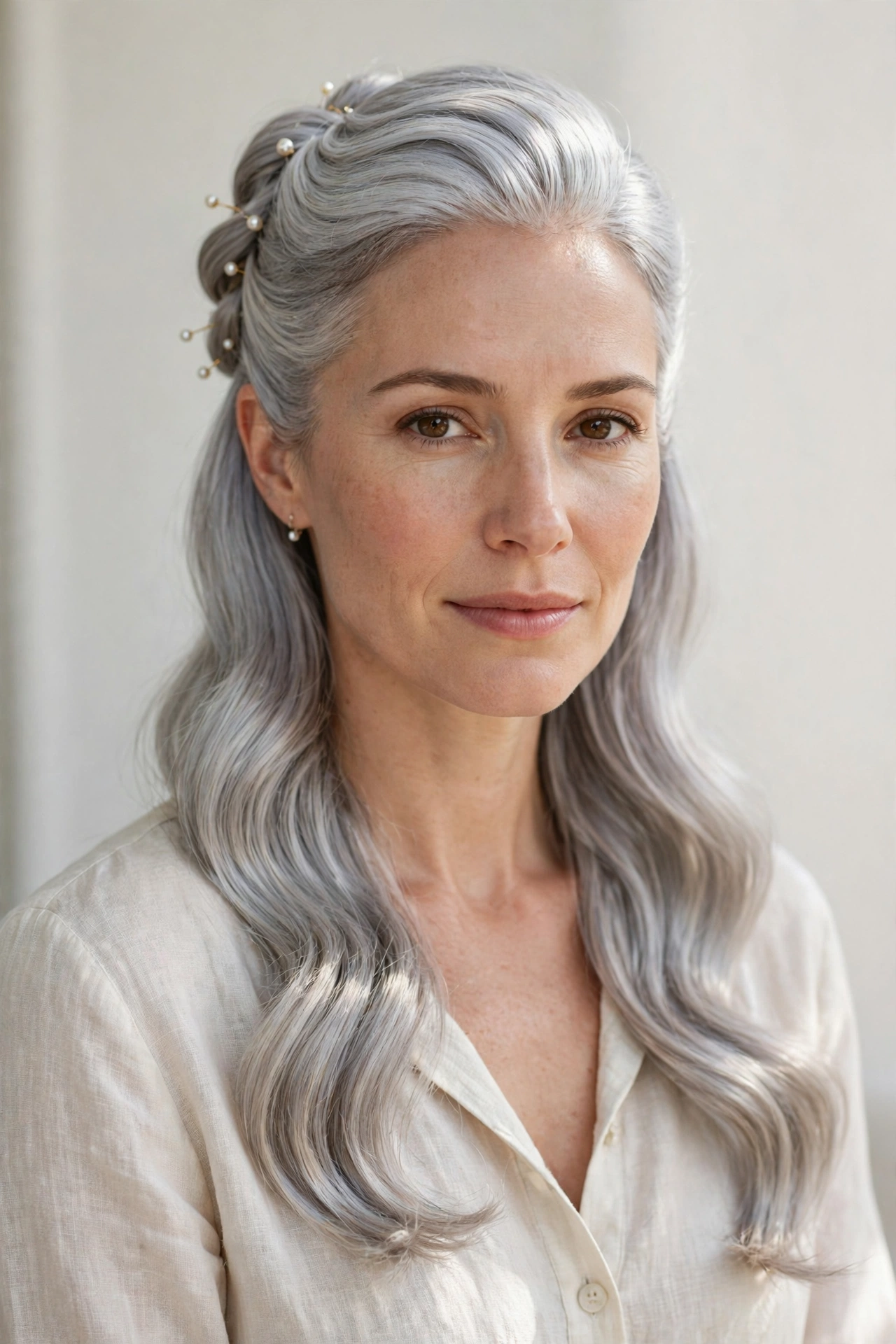 Romantic Half Up Hairstyles in silver with a glossy and neat finish