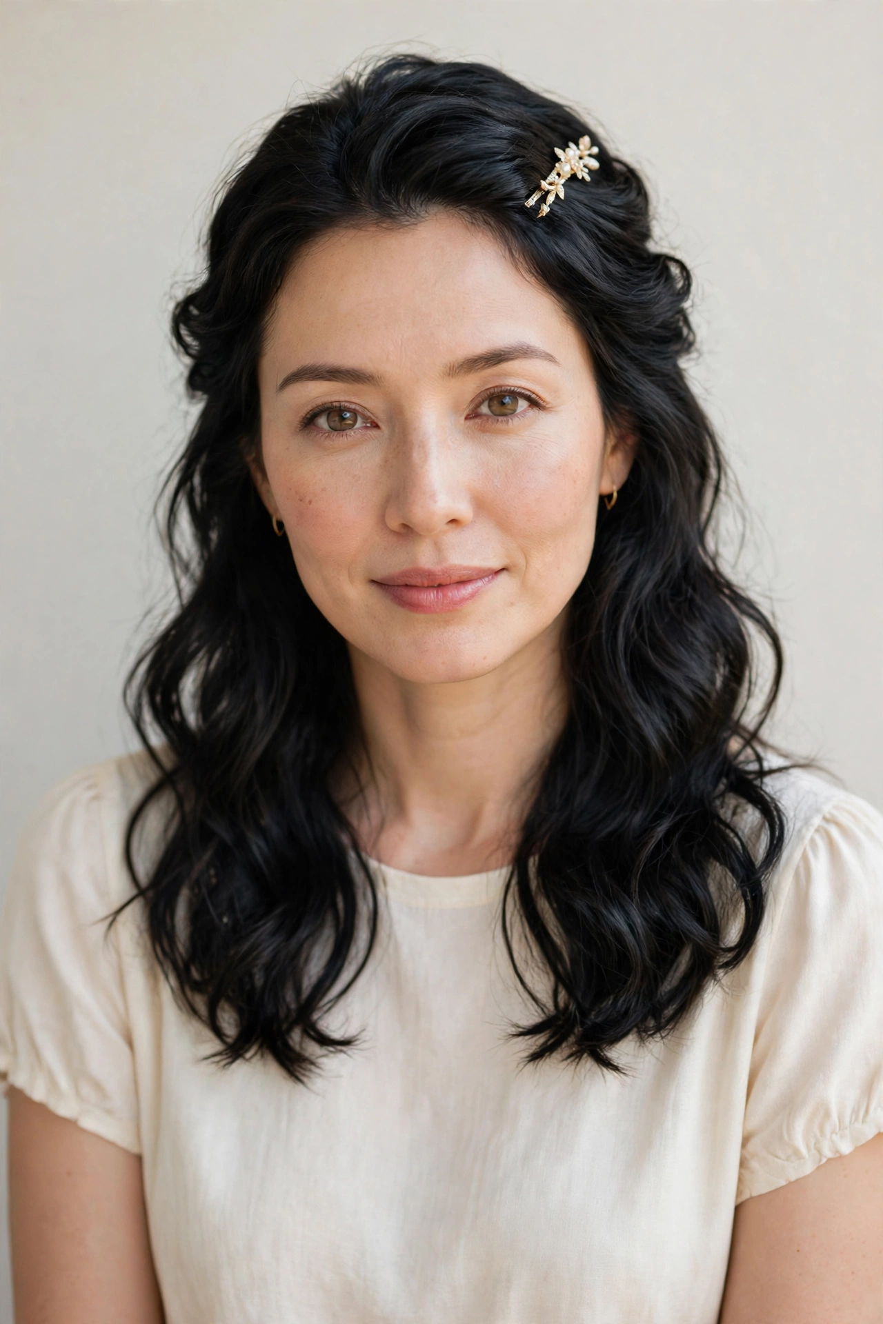 Soft Black Romantic Half Up Hairstyles with A Pretty Barrette