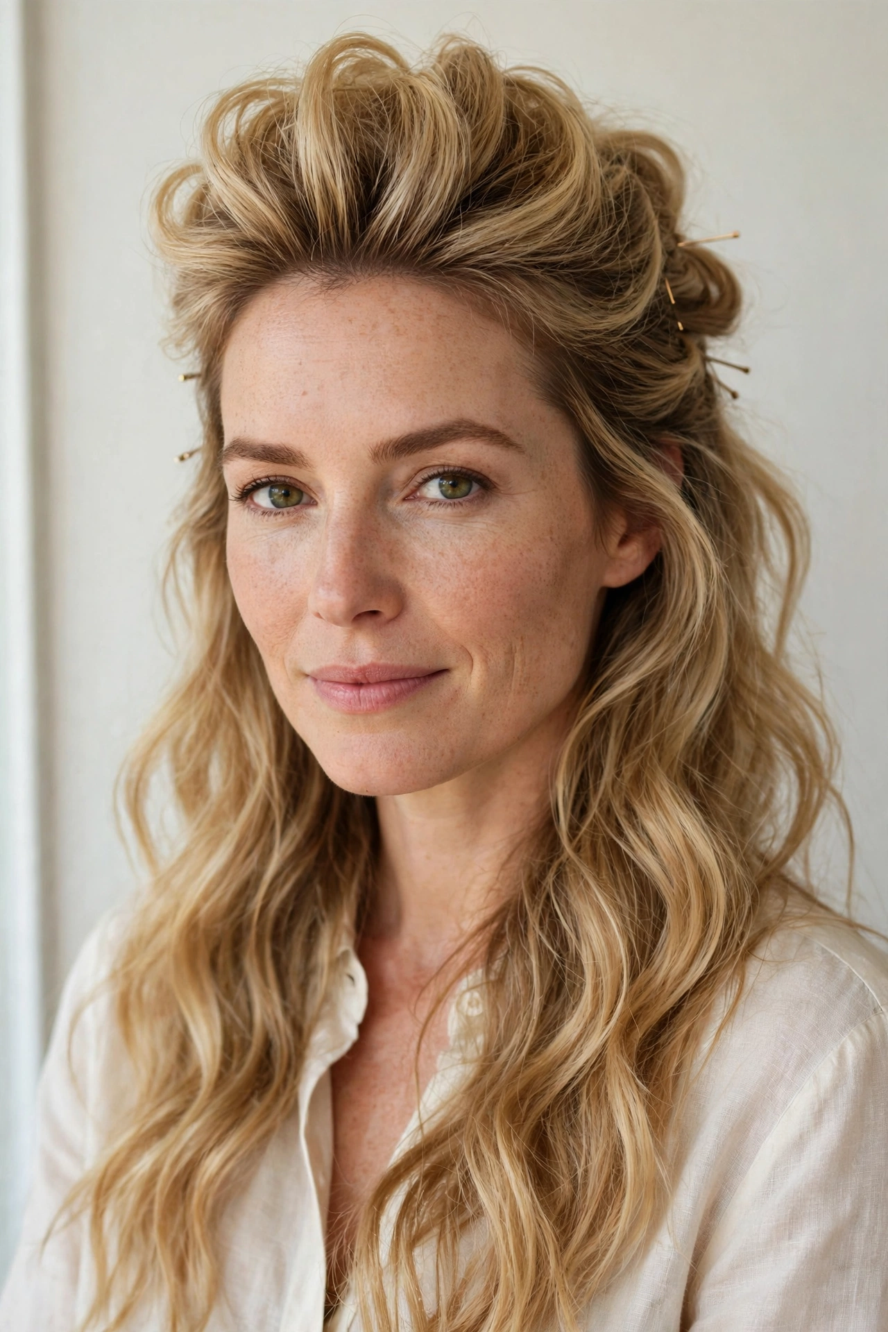Romantic Half Up Hairstyles in honey blonde with a voluminous at the roots finish