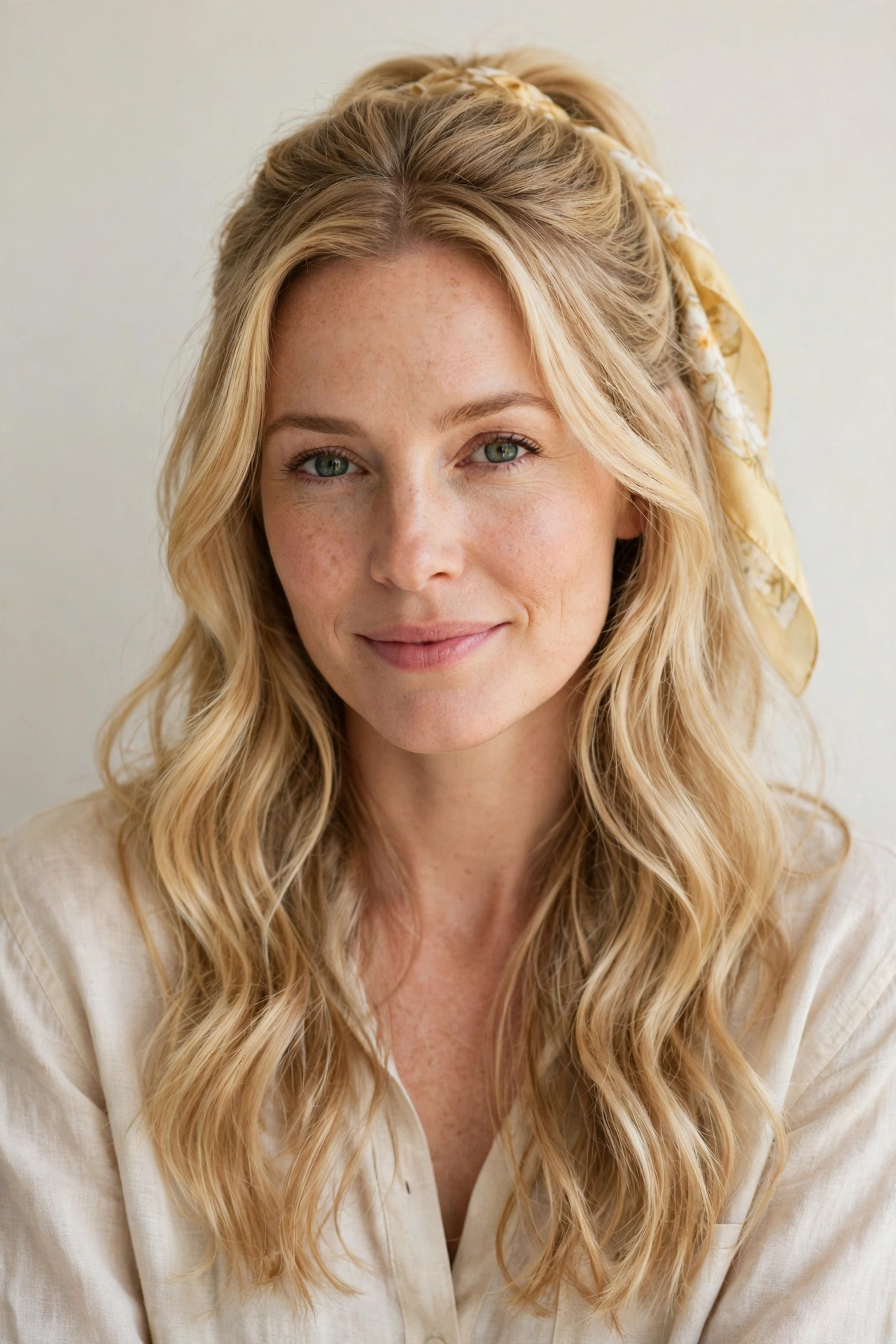 Golden Blonde Romantic Half Up Hairstyles with A Silk Scarf Accent