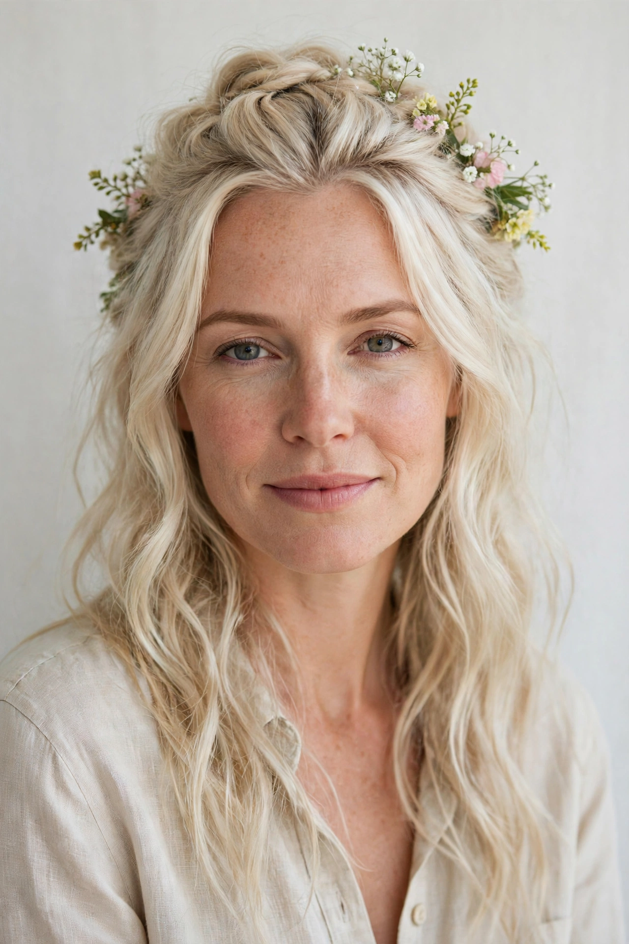 Romantic Half Up Hairstyles in platinum blonde with a gently tousled finish